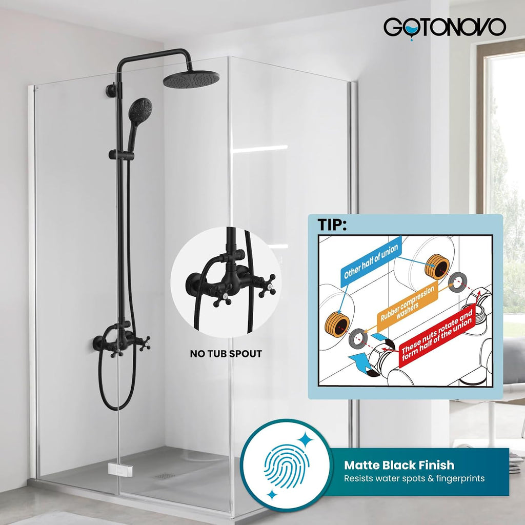 gotonovo Exposed Shower Faucet System 8 Inch Rainfall Shower Head with 8 Function ABS Handheld and Double Cross Handle Wall Mounted Bathroom Luxury Mixer Shower Gourd Faucet Body Matte Black