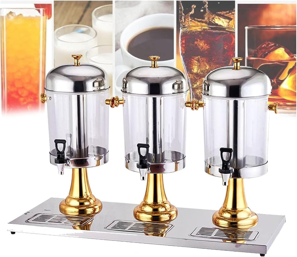 Glass Beverage Dispenser,Juice Dispenser, Stainless Steel Clear Glass Drink Dispenser Juice Beverage Dispensers Machine with Faucet Commercial(Gold,ThreeHead24L)