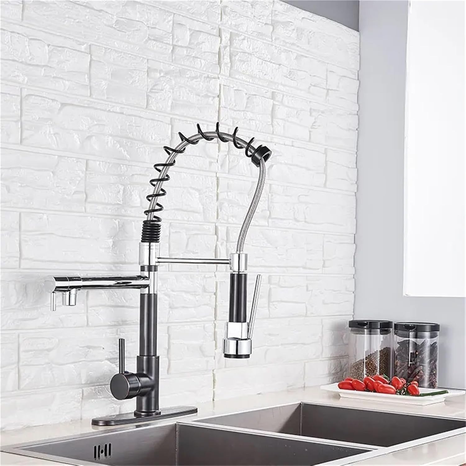 Kitchen Spring Faucet Pull Down Pull Out Dual Spouts 360 Rotation Cold and Hot Water Single Handle Mixer Tap(Chrome with Cover)