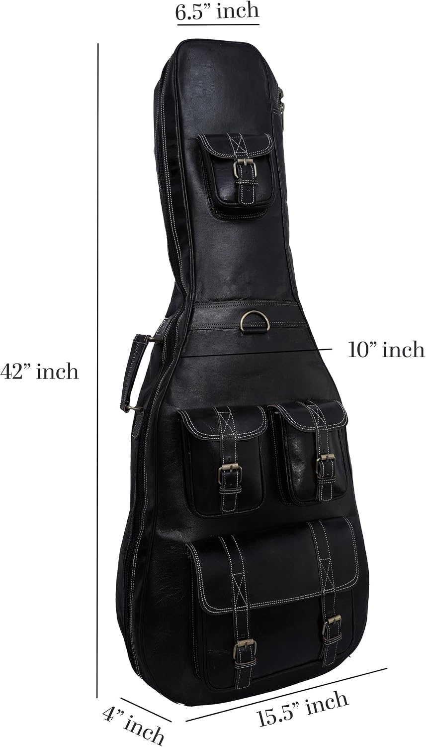 Premium Leather Guitar Gig Bag, Electric And Acoustic Guitar Case with Multiple Storage Pockets, Detachable And Adjustable Straps (Black)