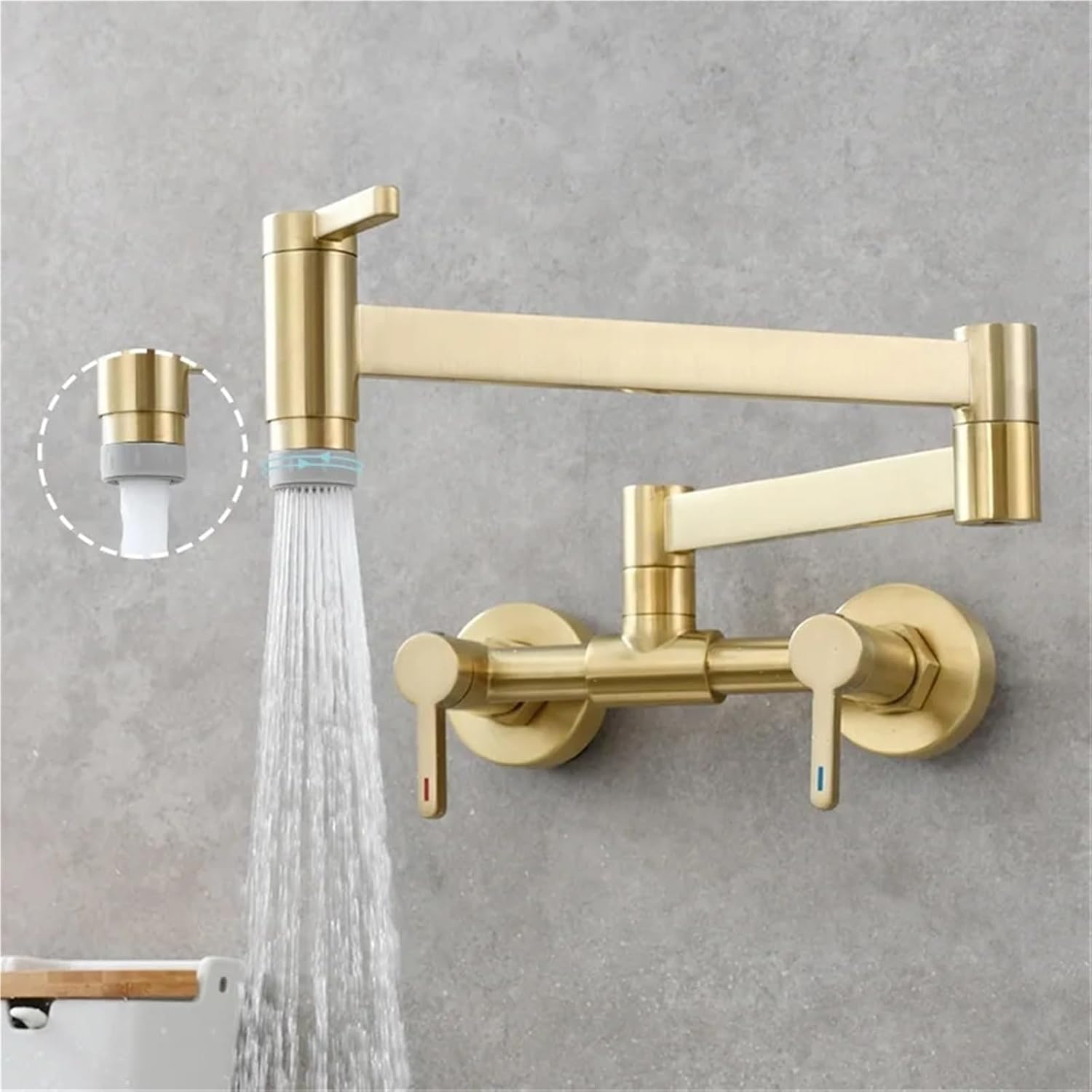 Pot Filler Tap Wall Mounted Foldable Kitchen Faucet Hot and Cold Single Hole Sink Tap Rotate Folding Spout(Brushed Gold B)