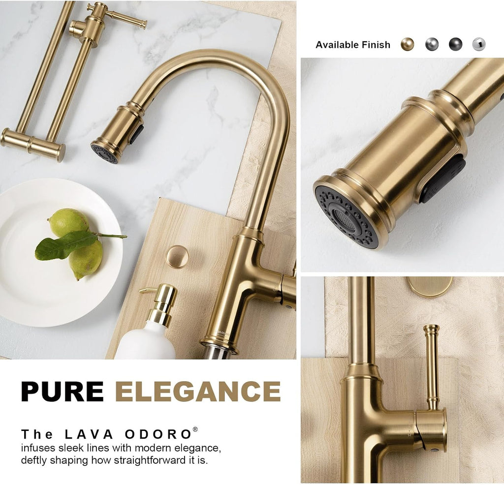 Lava Odoro Champagne Gold Kitchen Faucet with Pull Down Sprayer, Single Handle Kitchen Sink Faucet, Gold Faucet for Kitchen Sink 1 Hole and 3 Hole, Deck Plate Included, KF421-CB