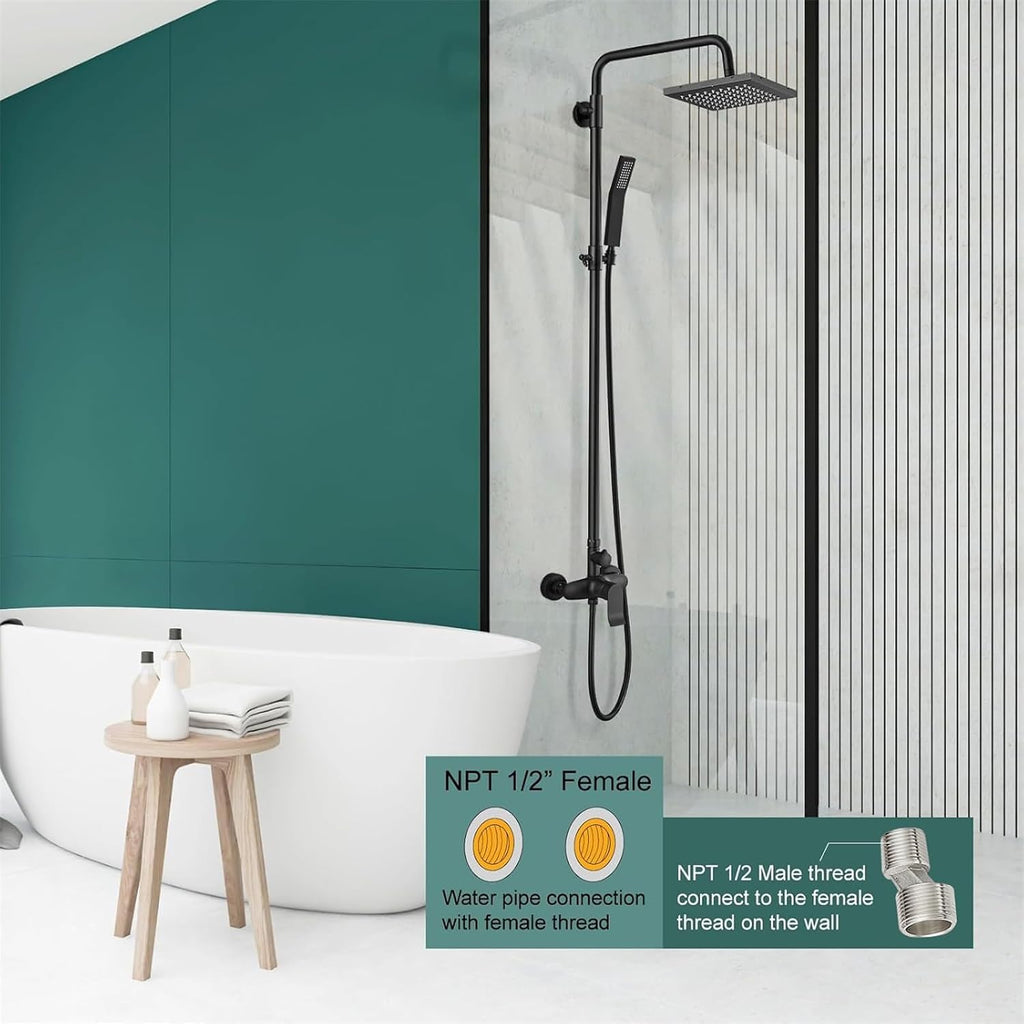 Heyalan Matte Black Exposed Shower System 2 Functional Bathroom Shower Set 8 Inch Square Rainfall Shower Head with Hand Sprayer Wall Mounted