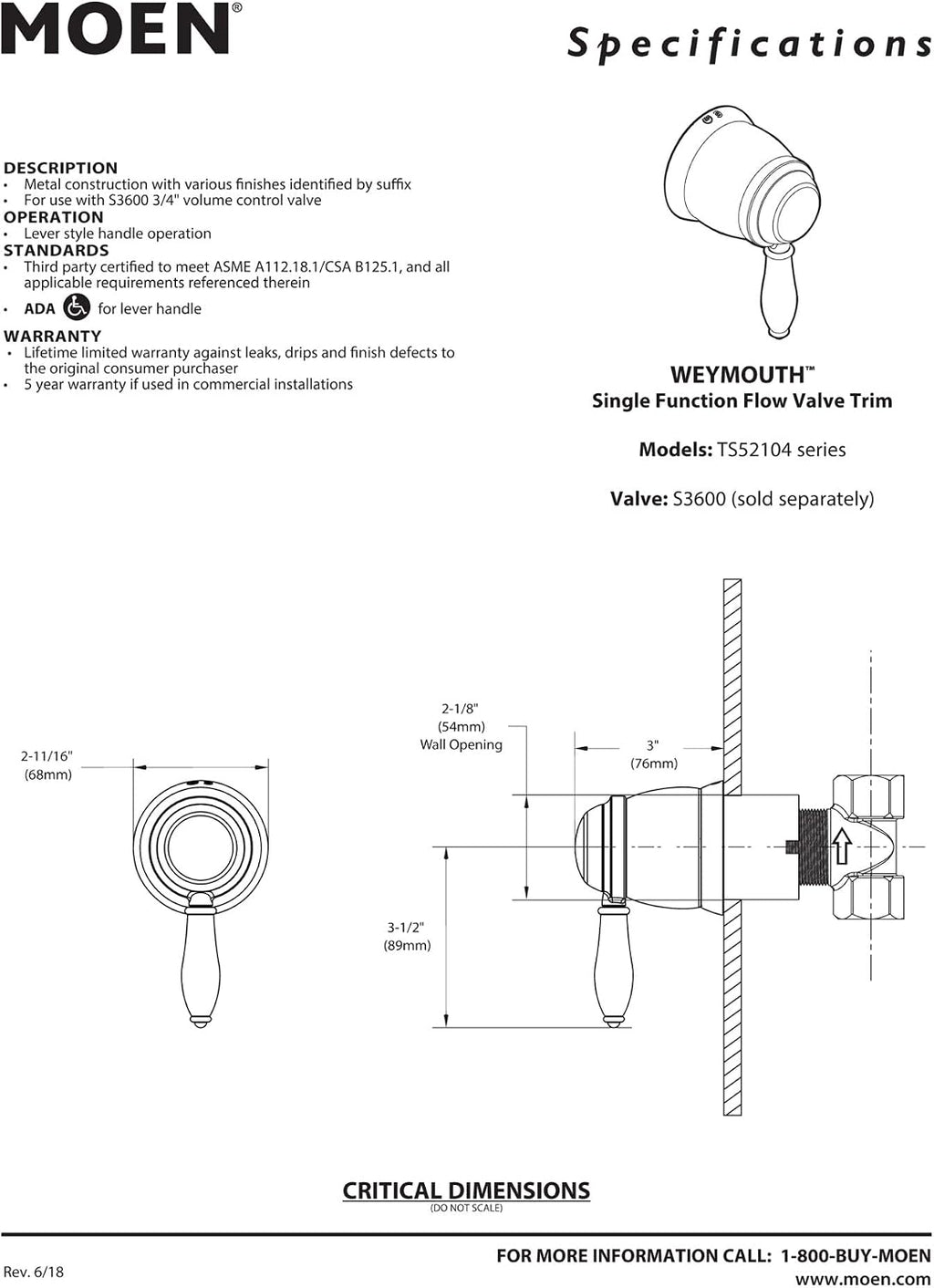 Moen TS5104BL Weymouth Volume Control Trim Kit, Valve Required, Matte Black