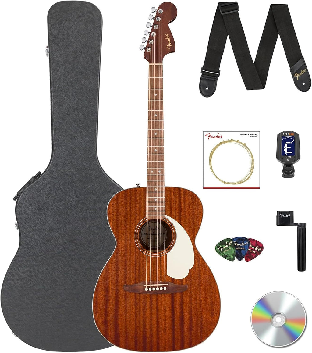 Fender California Standard Monterey E Acoustic-Electric Guitar - Natural Sapele Bundle with Case, Tuner, Strap, Strings, String Winder, Picks, and Austin Bazaar Instructional DVD