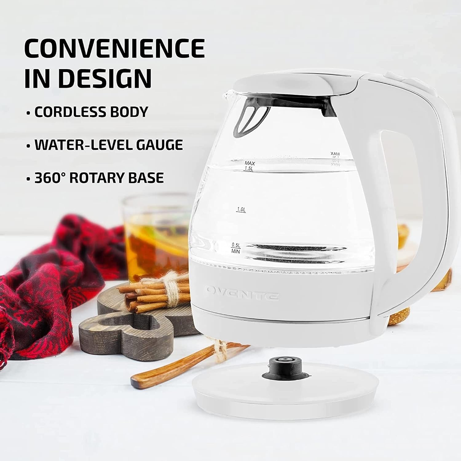 OVENTE Electric Kettle,1.5L Borosilicate Glass Countertop Water Heater & Boiler for Coffee or Tea,BPA-Free,Auto Shut-Off,Boil-Dry Protection,Removable & Washable Spout Filter,White KG83W,(Pack of 8)