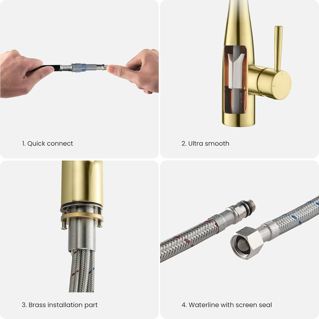 KIBI Bari-T Single Handle Pull Down Kitchen Faucet with High Arc Solid Brass Spout | 360-Degree Swivel, and Dual-Function Sprayer | Modern Pull Down Faucet for Kitchen Sink (Brushed Gold, KKF2016)