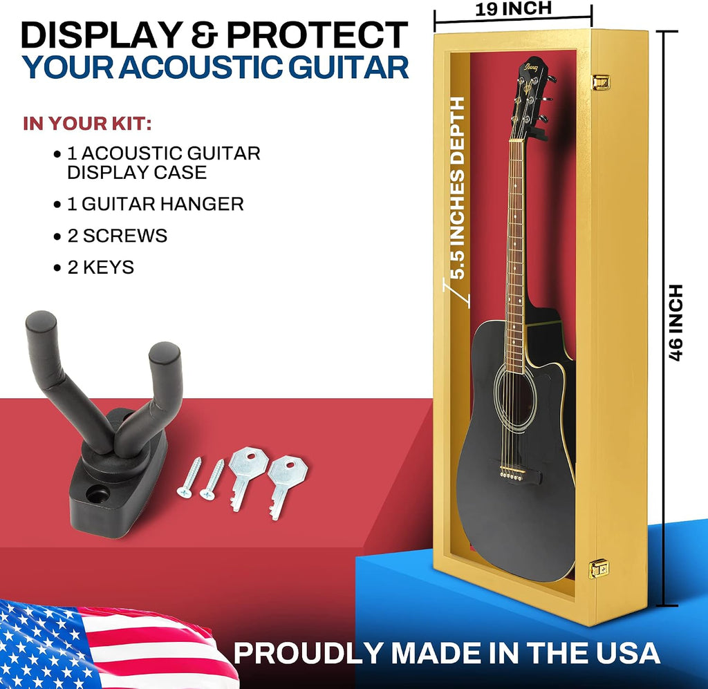 PENNZONI Acoustic Guitar Display Case - Acrylic Acoustic Guitar Case - Guitar Display Case Wall Mount Made from Hardwood Frame & Clear Acrylic - Golden Oak w/Red Felt