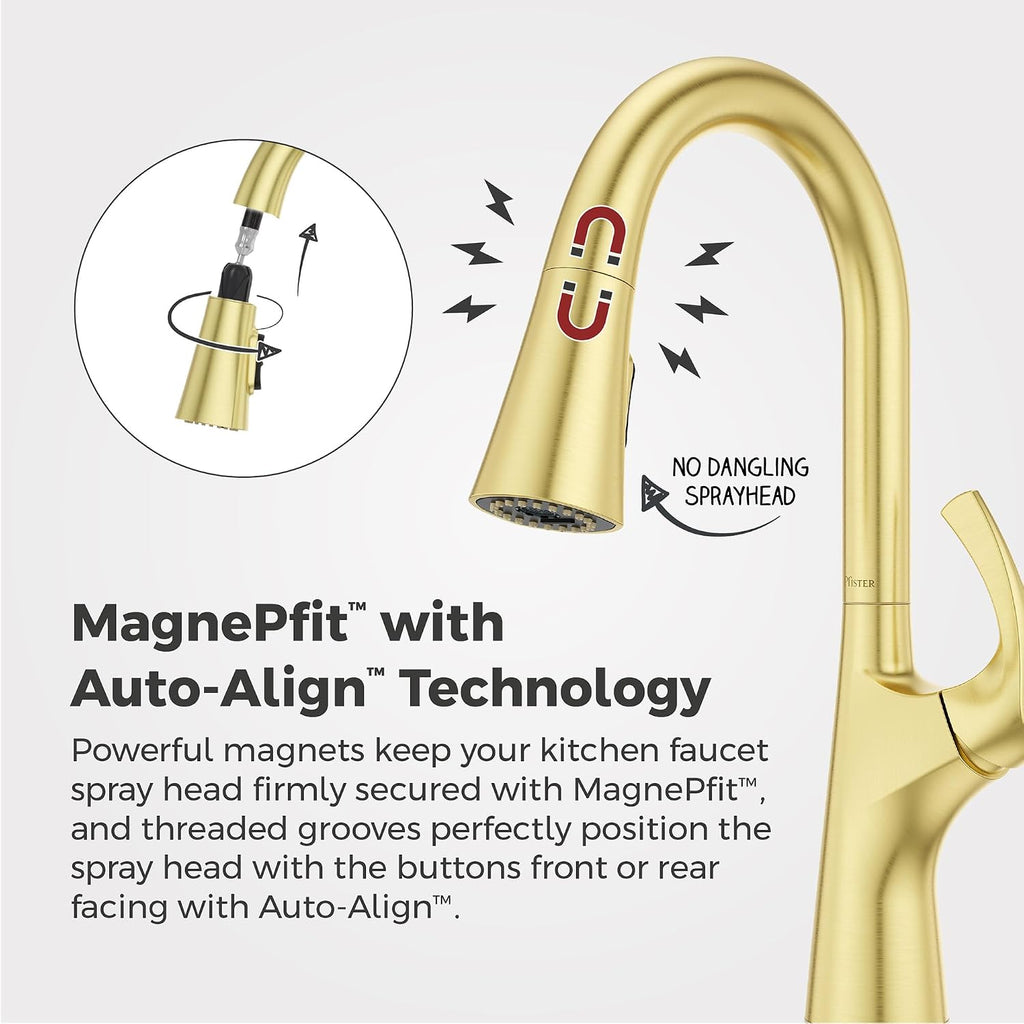Pfister Talega Pull-Down Kitchen Faucet with Sprayer Brushed Gold Single Handle 3-Hole Installation High Arc Spout 360° Swivel MagnePfit Docking TopPfit Technology
