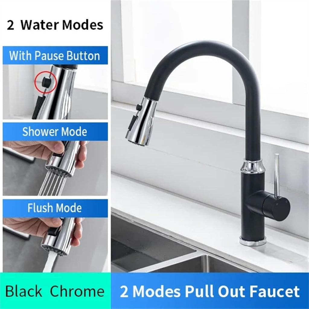 Kitchen Pull-Out Telescopic Faucet Hot and Cold Water Tank Mixing Valve Black Gold Kitchen Faucet(Black)