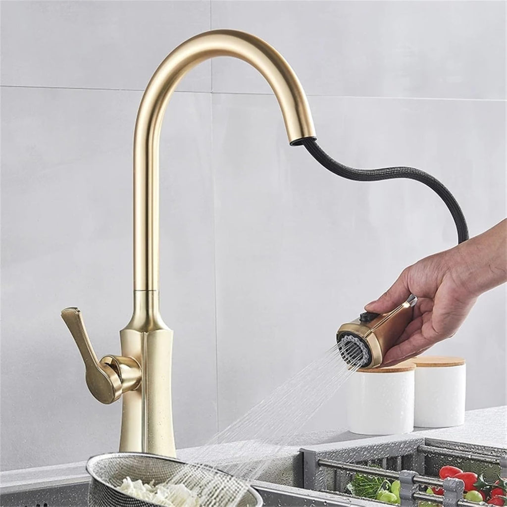 Kitchen Faucet Pull Out 2 Function Head Kitchen Sink Mixers Deck Mounted Spring Mixer Faucet(Brushed Gold)