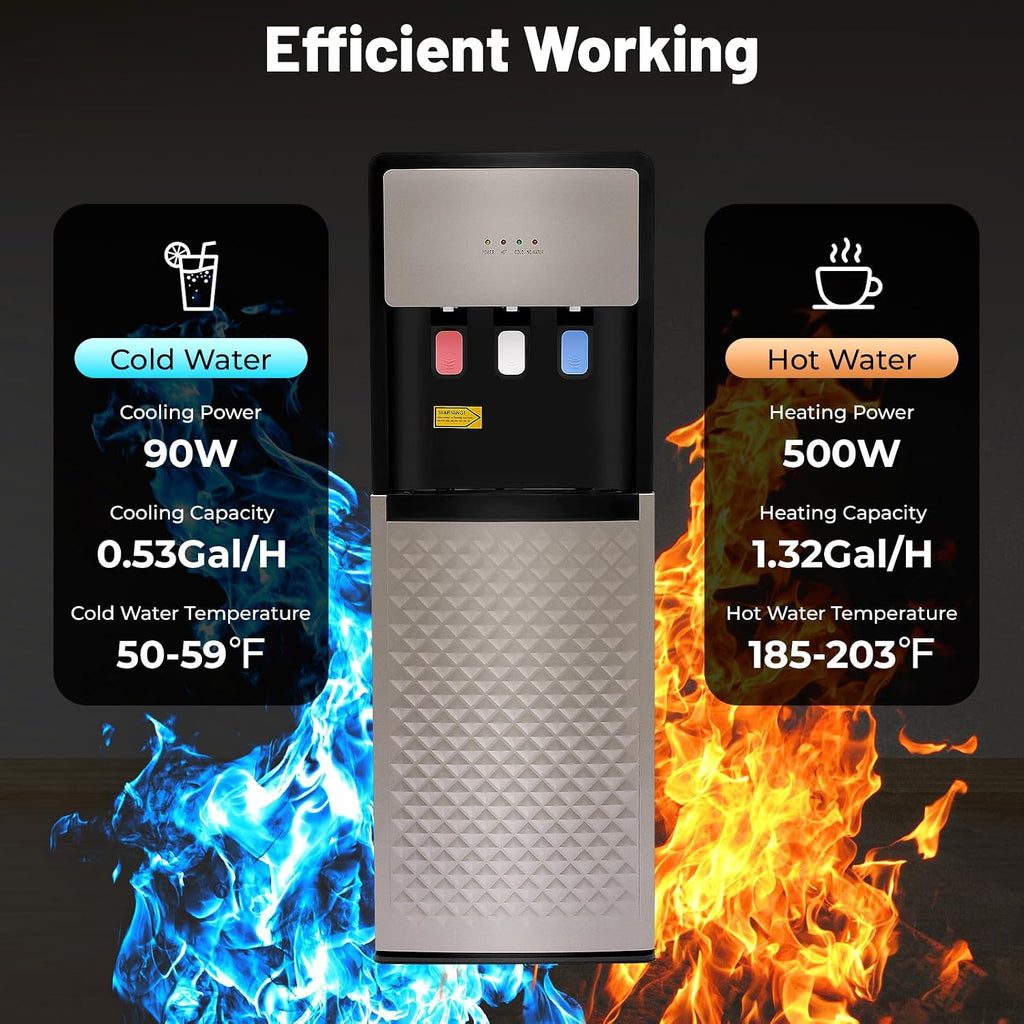 Bottom Loading Water Dispenser with Hot, Cold & Room Temperature Water - 500W Heating & 90W Cooling - Safe, Energy-Saving & User-Friendly Design for Home, Office (Silver Grey)