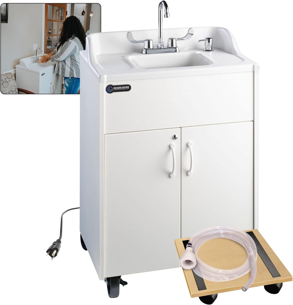 Ozark River Portable Sinks Premier White & Fill-n-Roll Dolly Kit Bundle, White Laminate-ABS, Portable Sink with Hot Water, Self-Contained Sink, Portable Hand Washing Station, 110V