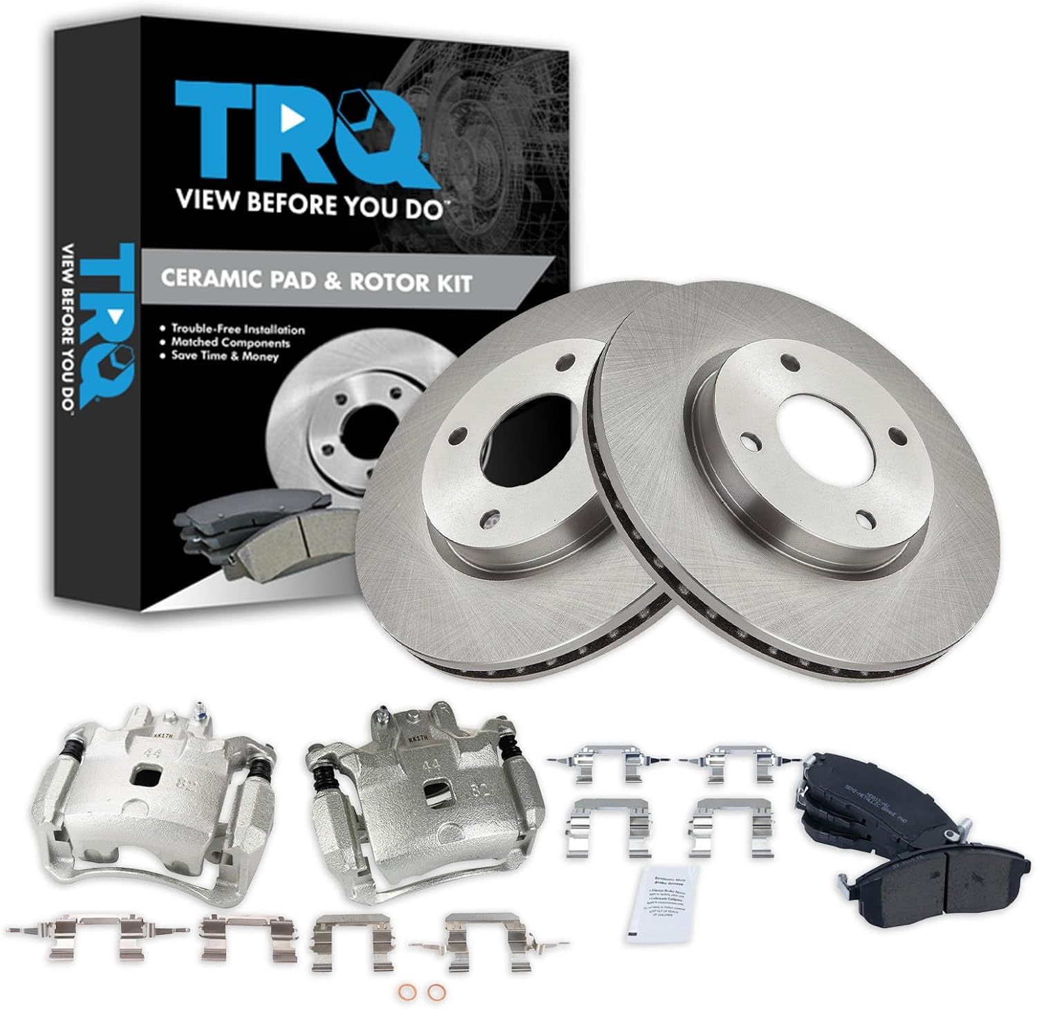 TRQ Front Brake Pad and Rotor Set Semi Metallic Vented Rotors Calipers Compatible with 2009-2014 Nissan Cube 2007-2012 Versa