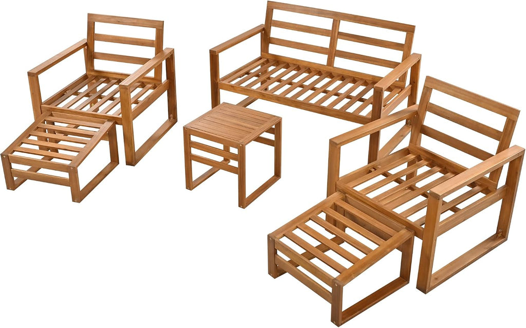 Outdoor Acacia Wood 6-Piece Conversation, Sunroom Furniture Indoor Sectional Garden Seating Groups Chat Set with Ottomans and Cushions, 4 Throw Pillows, for Balcony Backyard Porch (Beige-0H)