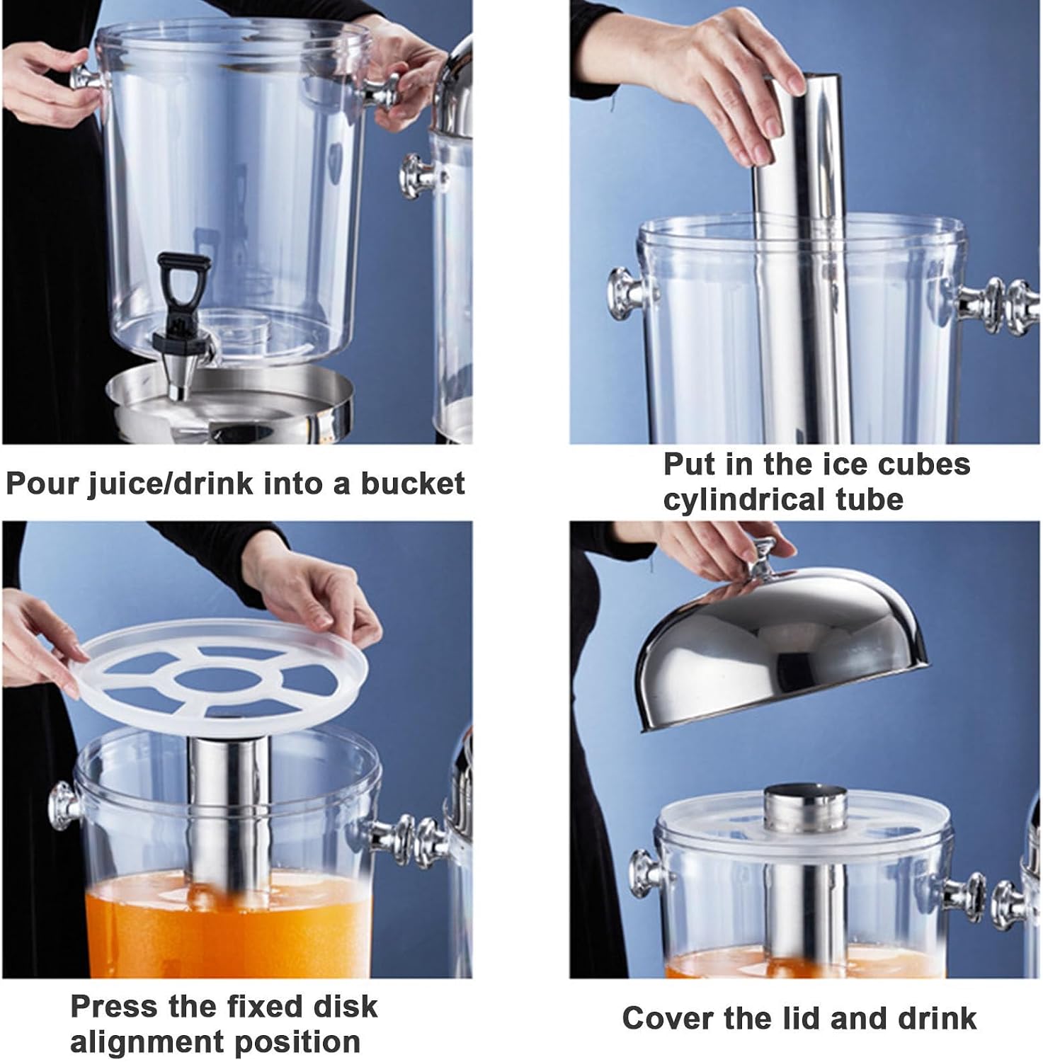 Stainless Steel Juice Dispenser with Tap & Ice Chamber Keep Beverages Ice Cold, Self Service Cocktail Dispenser, Commercial Clear Glass Water Dispenser for Brea(Gold)