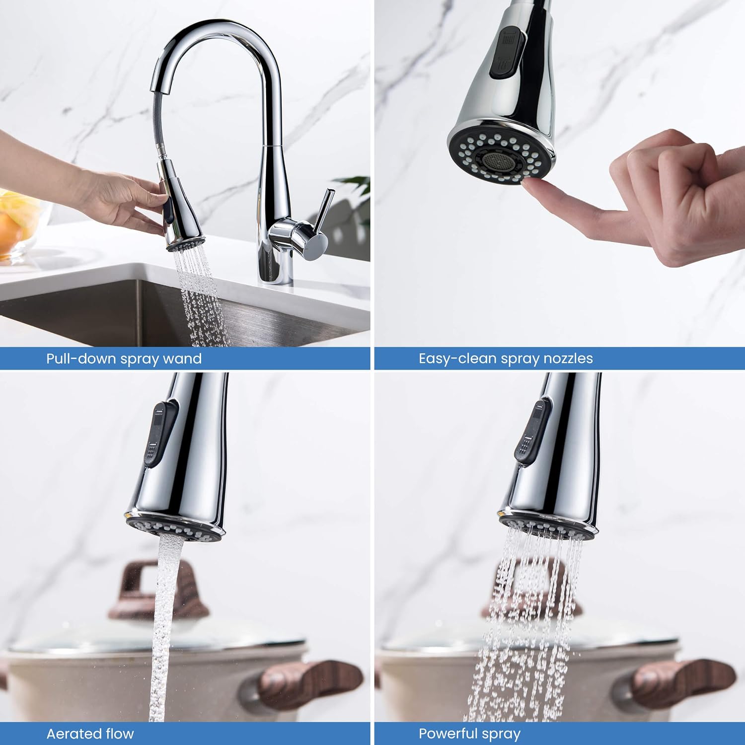 KIBI Bari Chrome Finish Single Handle Pull Down Kitchen and Bar Sink Faucet | Solid Brass High Arc Spout, 360 Degree Swivel, Durable Pull Down Sprayer with Dual Function (KKF2015CH)