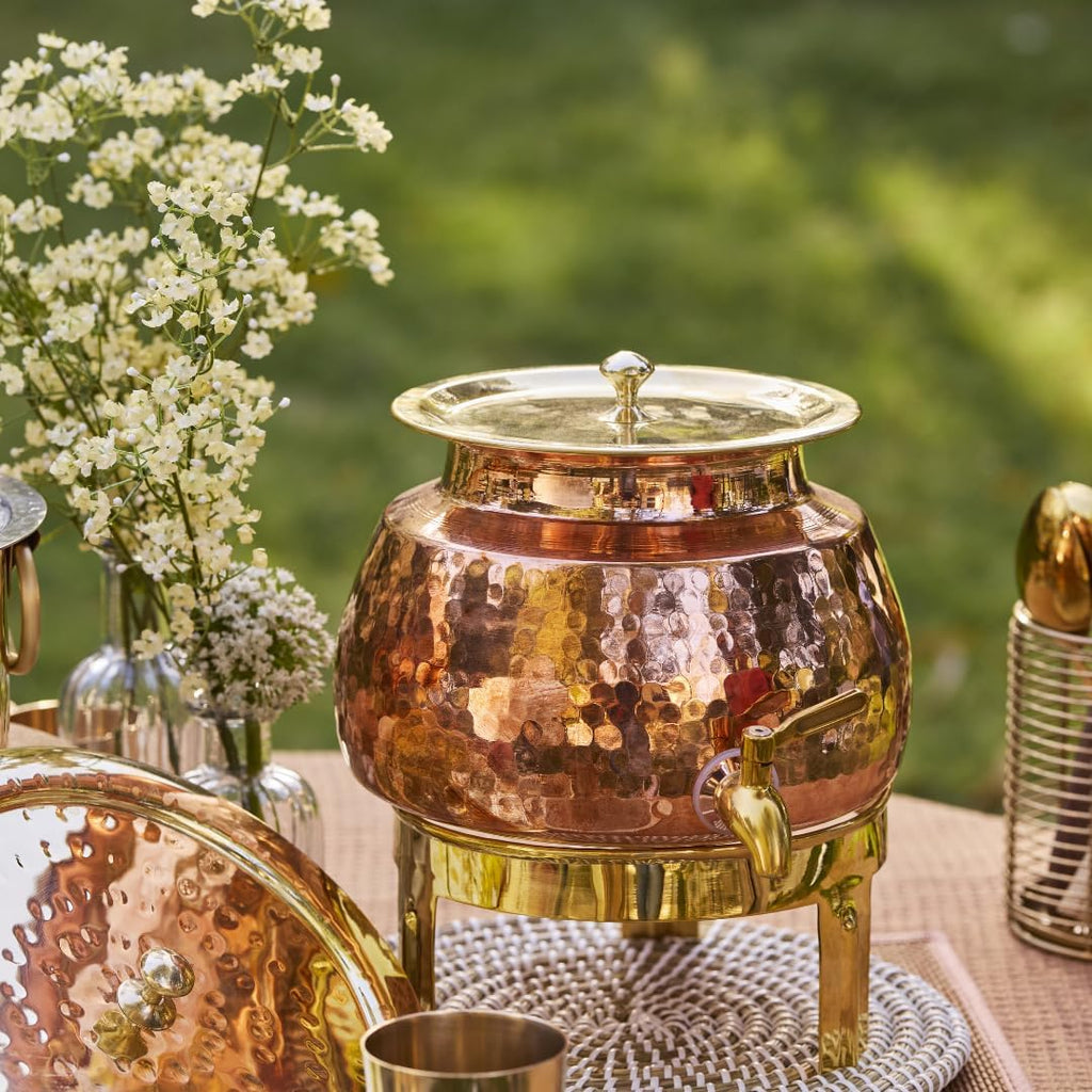 P-TAL Copper Water Dispenser 1.65 Gallons | 100% Pure Copper Pot Heavy Gauge and Hammered with Prefitted Leakproof Brass Spigot, Lid and Stand