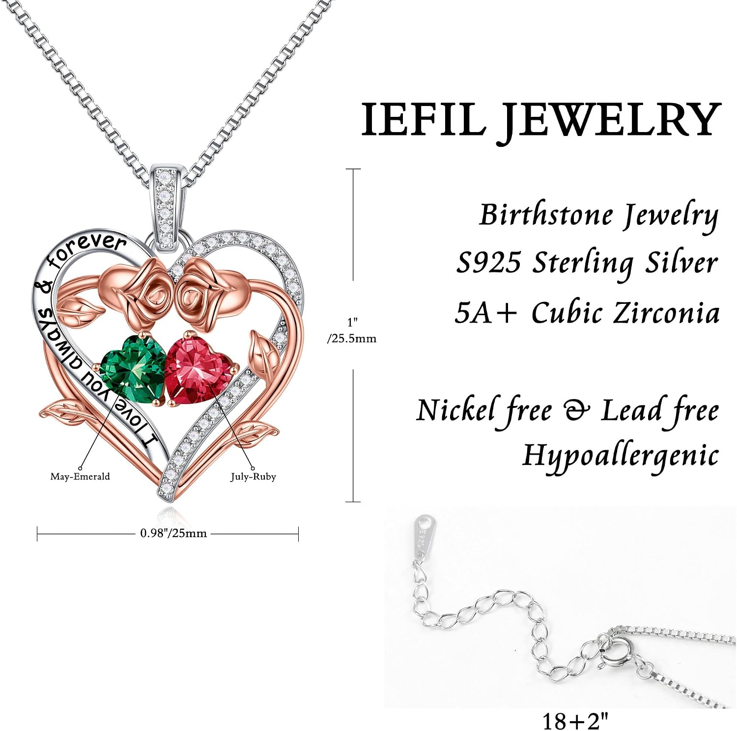 Iefil Rose Heart Double Birthstone Necklace Gifts for Wife Girlfriend Her Women, Birthstone Jewelry Gemstone Birthday Gifts for Mom Grandma Her Wife Women