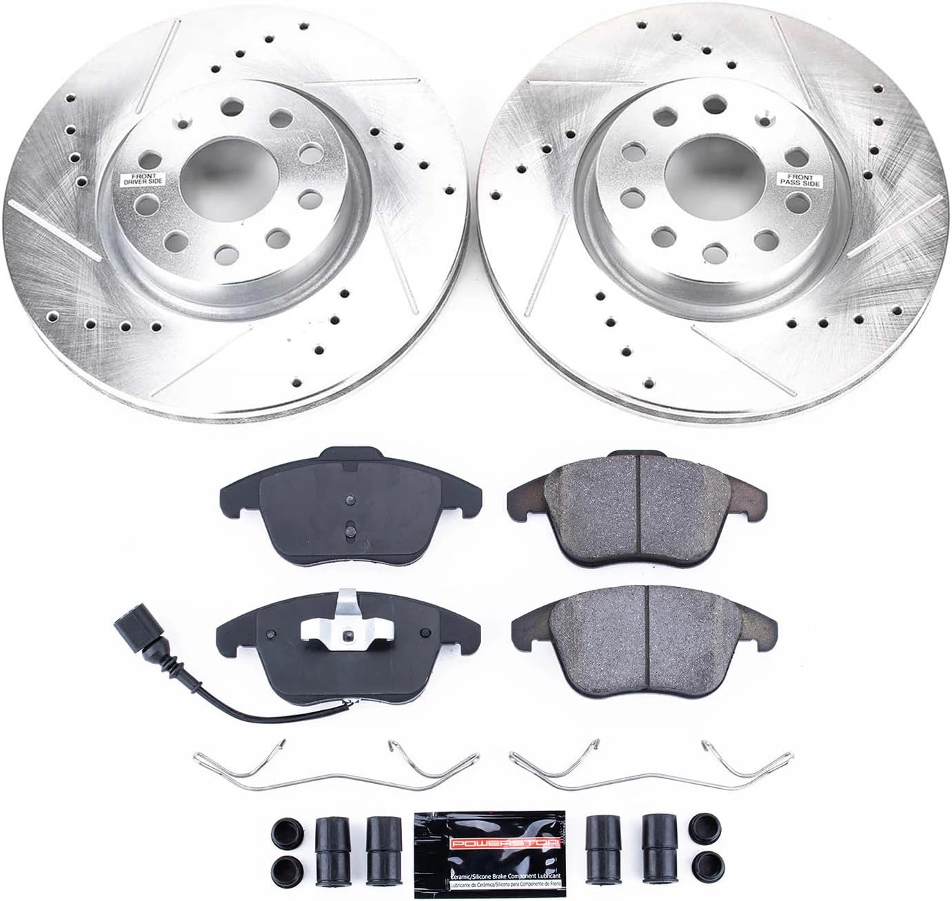 PowerStop Front Brake Kit for Audi Q3 2015-18 |Q3 Quattro 2015-18 |Volkswagen Passat 2012-20 |Tiguan 2009-17 - Drilled and Slotted Disc Rotors with Carbon-Fiber Ceramic Brake Pads Replacement, K2963