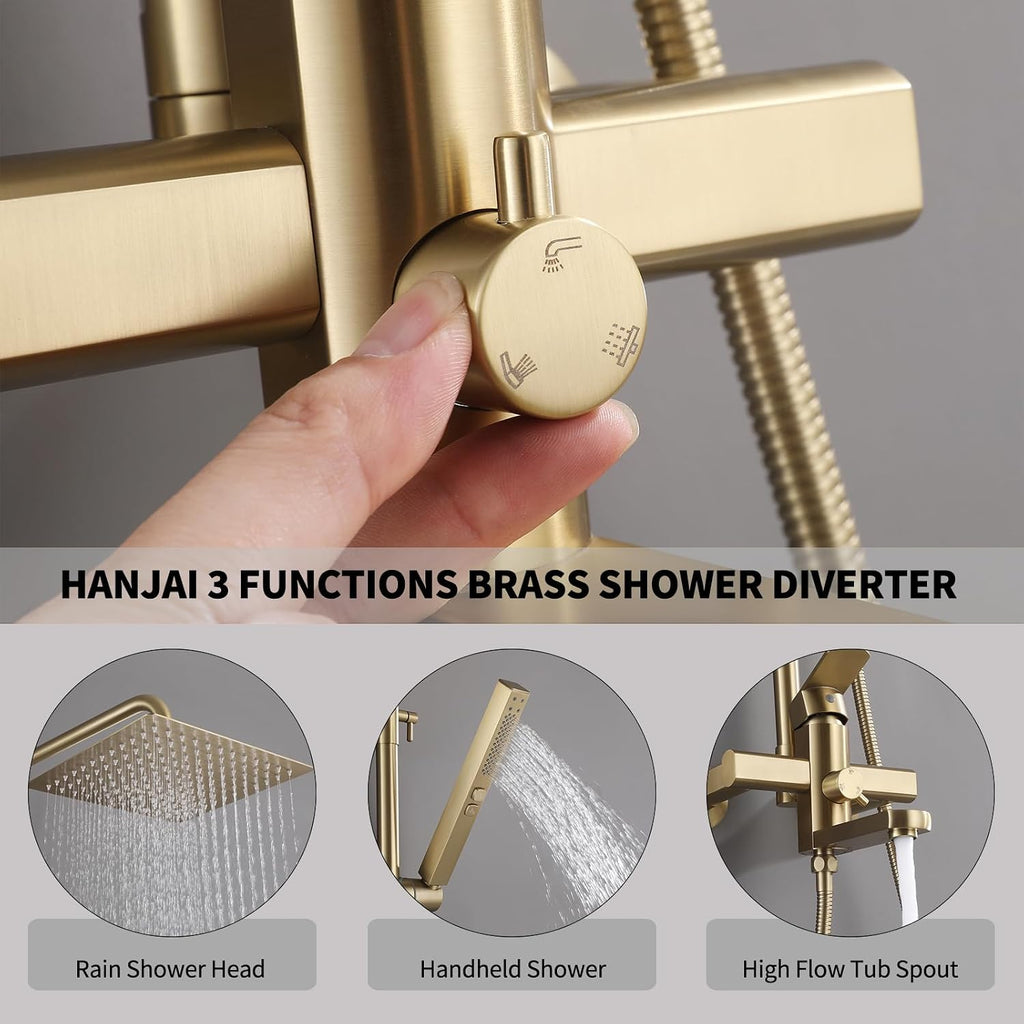 Exposed Shower System 10' Brushed Gold Rainfall Shower Head with 2 Modes Handheld and Tub Faucet Set, Square Shower Head 3 Functions Outdoor Shower Fixtures with Brass Valve, Height Adjustable