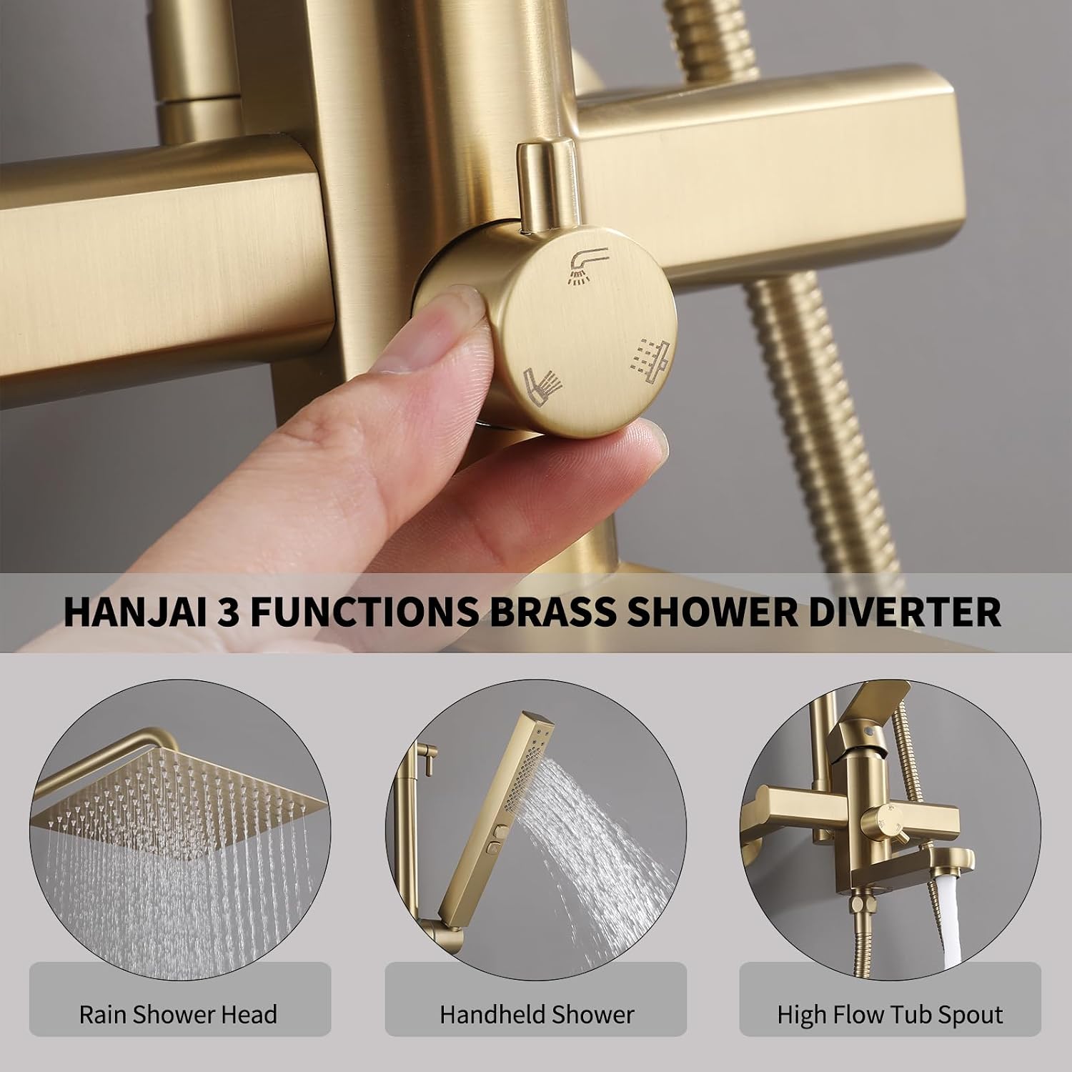 Exposed Shower System 10' Brushed Gold Rainfall Shower Head with 2 Modes Handheld and Tub Faucet Set, Square Shower Head 3 Functions Outdoor Shower Fixtures with Brass Valve, Height Adjustable
