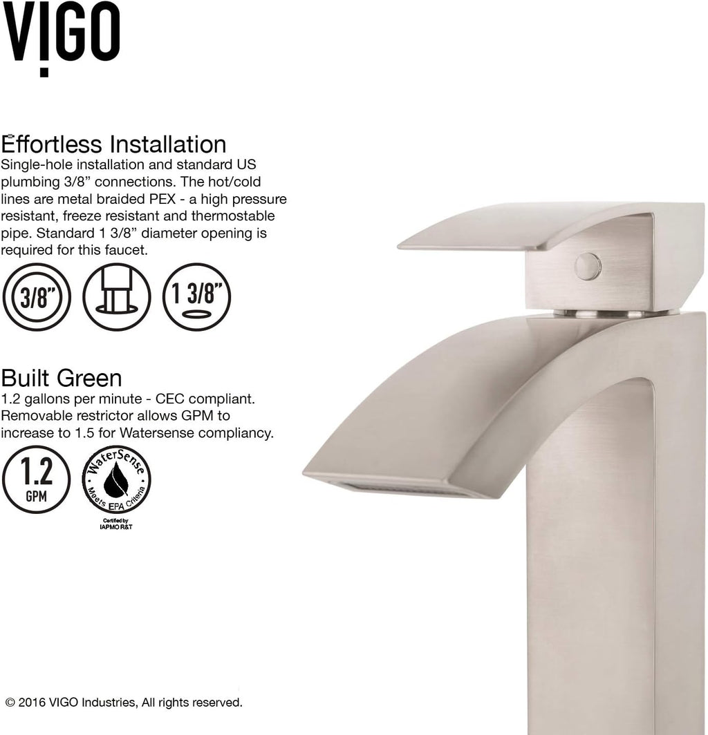 VIGO Satro Waterfall Single-Handle Single-Hole Mount Bathroom Sink Faucet, 7-Inch, Brushed Nickel, Modern Design, Solid Brass, 1.2 GPM WaterSense & Ceramic Disc Valve, Corrosion-Resistant