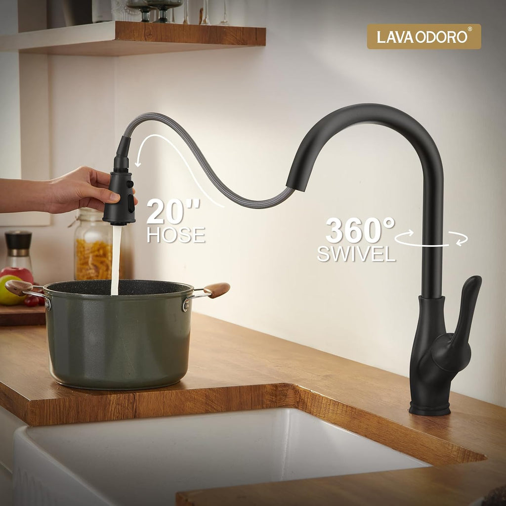 Black Kitchen Faucet with Pull Down Sprayer, Lava Odoro Matte Black Kitchen Sink Faucet with Magnetic Docking Spray 3-Function, Faucet for Kitchen Sink 1 Hole and 3 Hole with Deck Plate, KF271-MB
