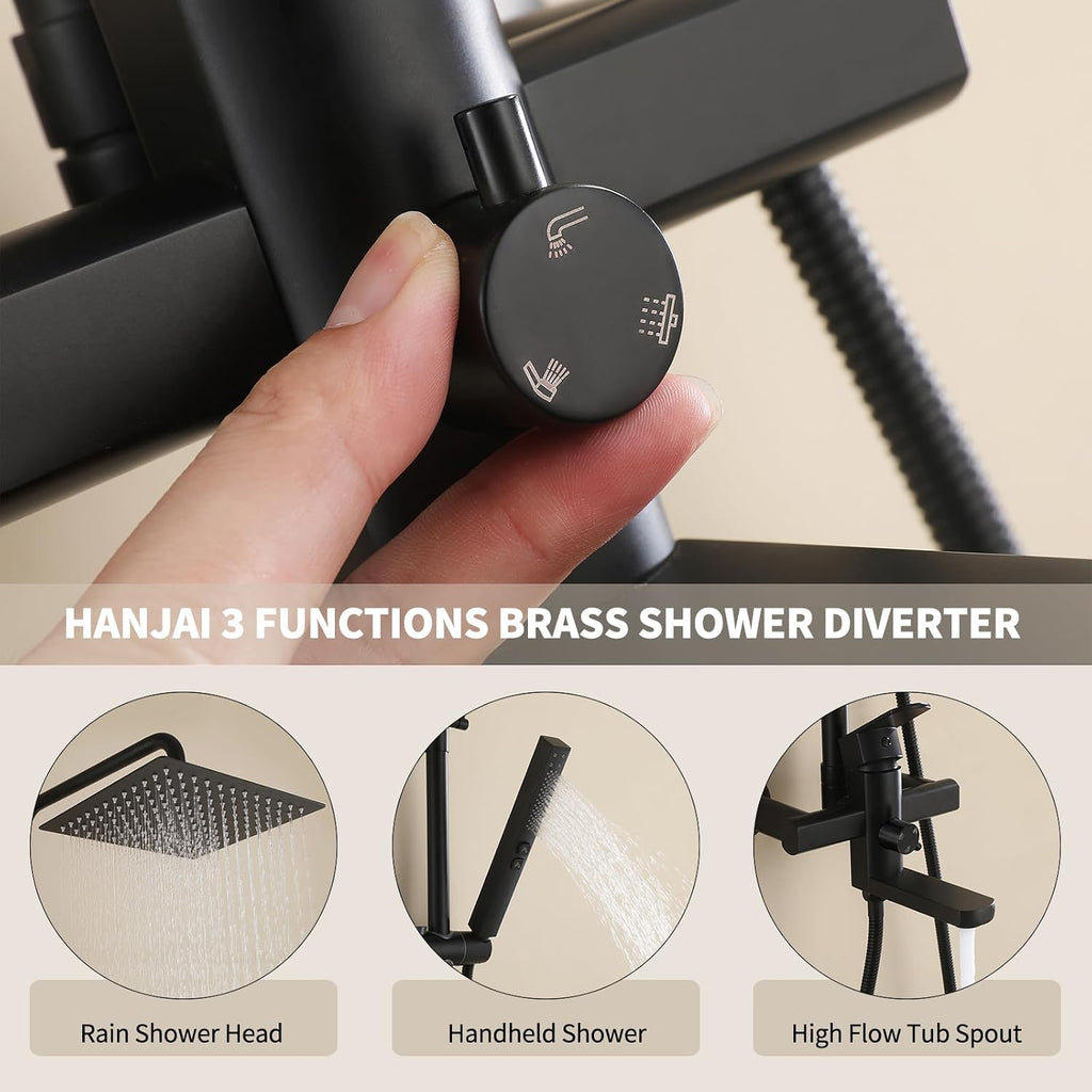 Exposed Shower System 10' Matte Black Rainfall Shower Head with 2 Modes Handheld and Tub Faucet Set, Square Shower Head 3 Functions Outdoor Shower Fixtures with Brass Valve, Height Adjustable