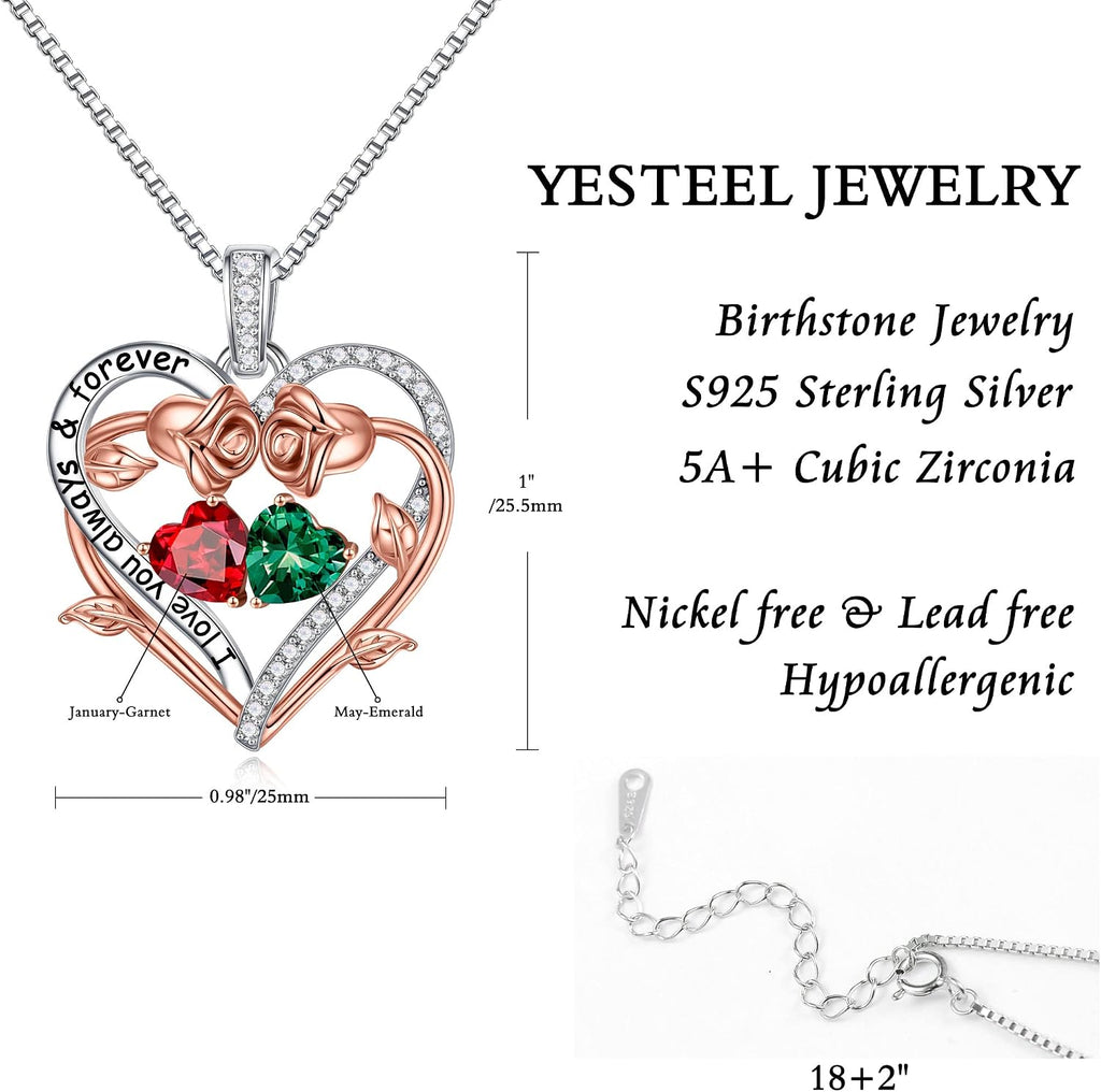 Iefil Rose Heart Double Birthstone Necklace Gifts for Wife Girlfriend Her Women, Birthstone Jewelry Gemstone Birthday Gifts for Mom Grandma Her Wife Women