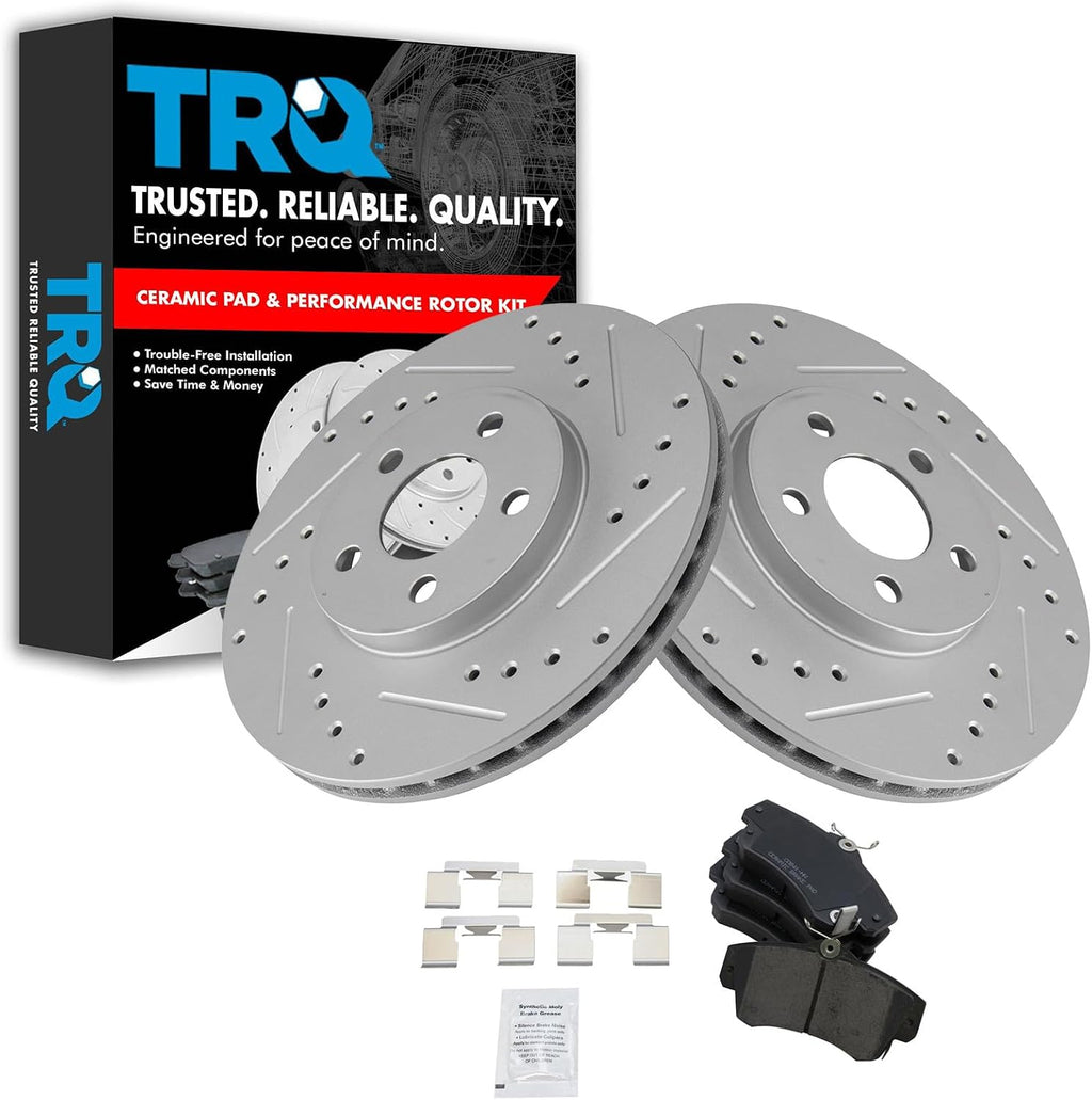 TRQ Performance Front Brake Pad and Rotor Set Ceramic Coated Drilled Slotted Rotors 11.02 in for 2001-2010 Chrysler PT Cruiser