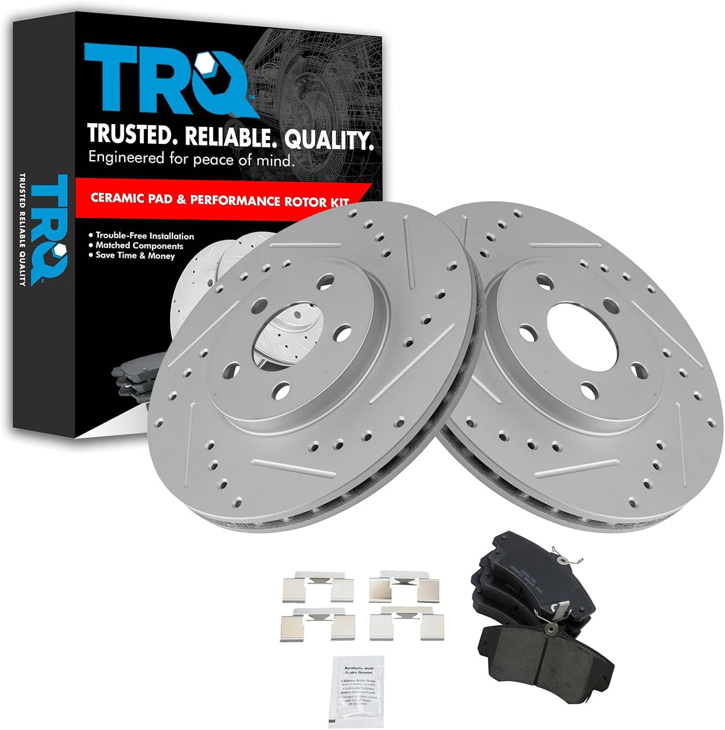 TRQ Performance Front Brake Pad and Rotor Set Ceramic Coated Drilled Slotted Rotors 11.02 in for 2001-2010 Chrysler PT Cruiser