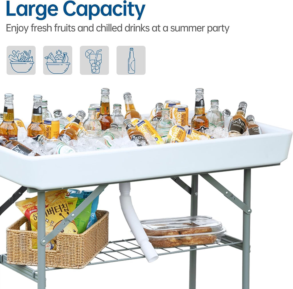 Outdoor Ice Cooler Folding Table, Portable Cooler Table with Removable Matching Skirt, Chill Table for Party BBQ Camping Wedding White