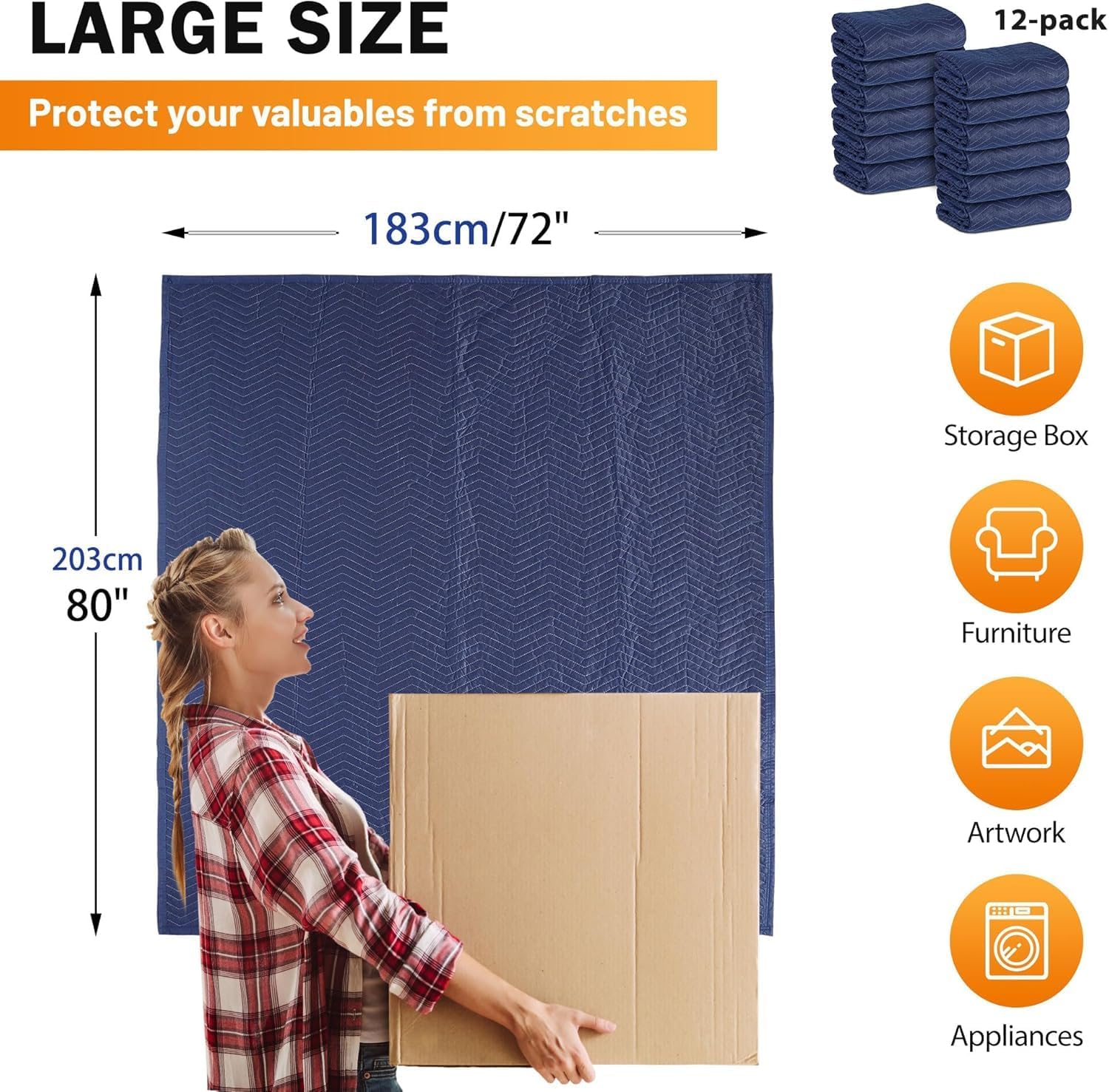 24 Moving Packing Blankets 80 x 72 Inches (35 lb/dz) Heavy Duty Moving Pads for Protecting Furniture Professional Quilted Shipping Furniture Pads (Dark Blue 24PCS)