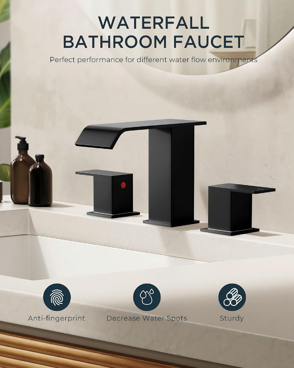 FORIOUS Bathroom Faucets 3 Hole,Matte Black 8 Inch Widespread Bathroom Sink Faucet Waterfall Spout 2 Pack, with Pop Up Drain and Water Supply, Suitable for Vanity Rv Commercial Lavatory Restroom