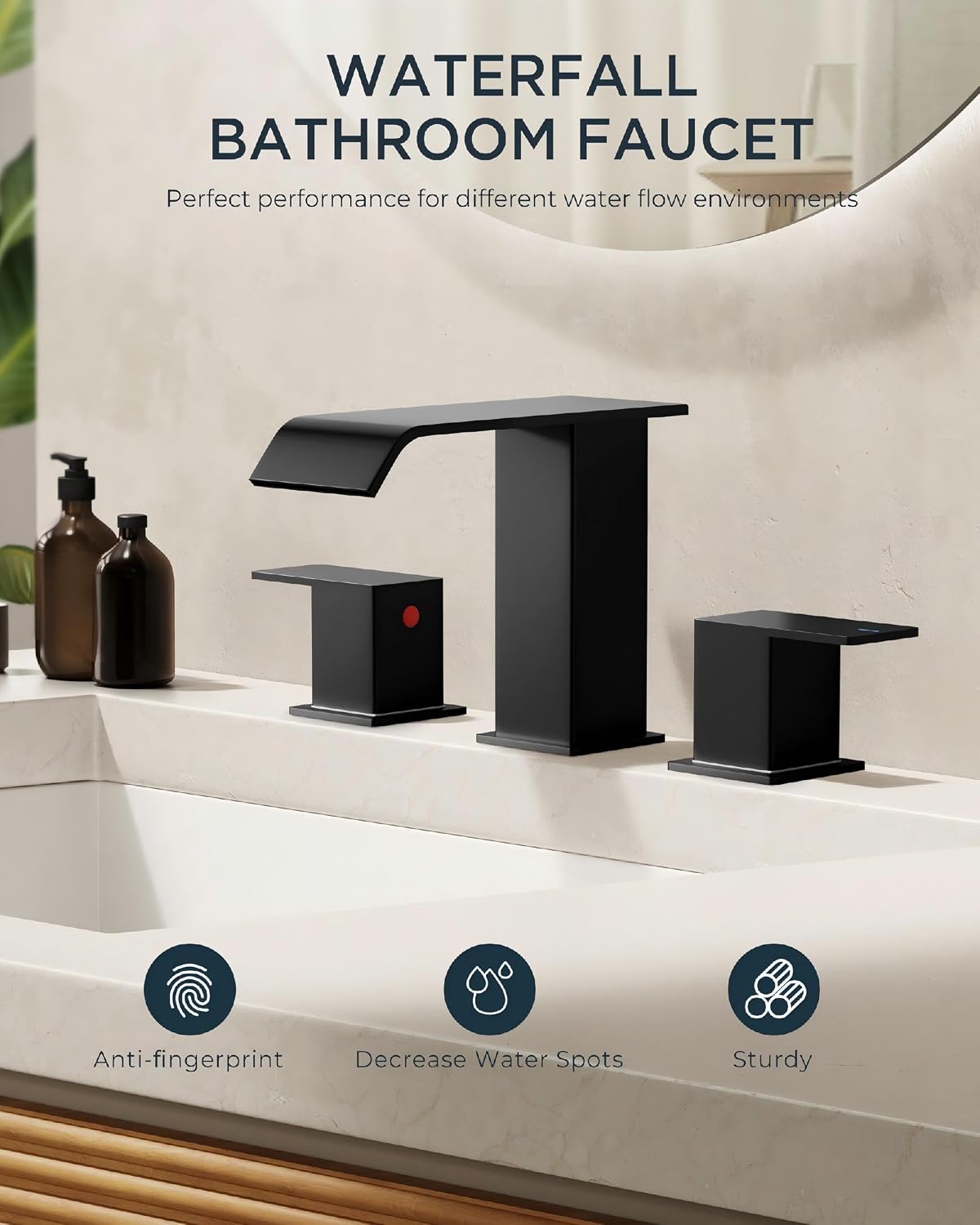 FORIOUS Bathroom Faucets 3 Hole,Matte Black 8 Inch Widespread Bathroom Sink Faucet Waterfall Spout 2 Pack, with Pop Up Drain and Water Supply, Suitable for Vanity Rv Commercial Lavatory Restroom