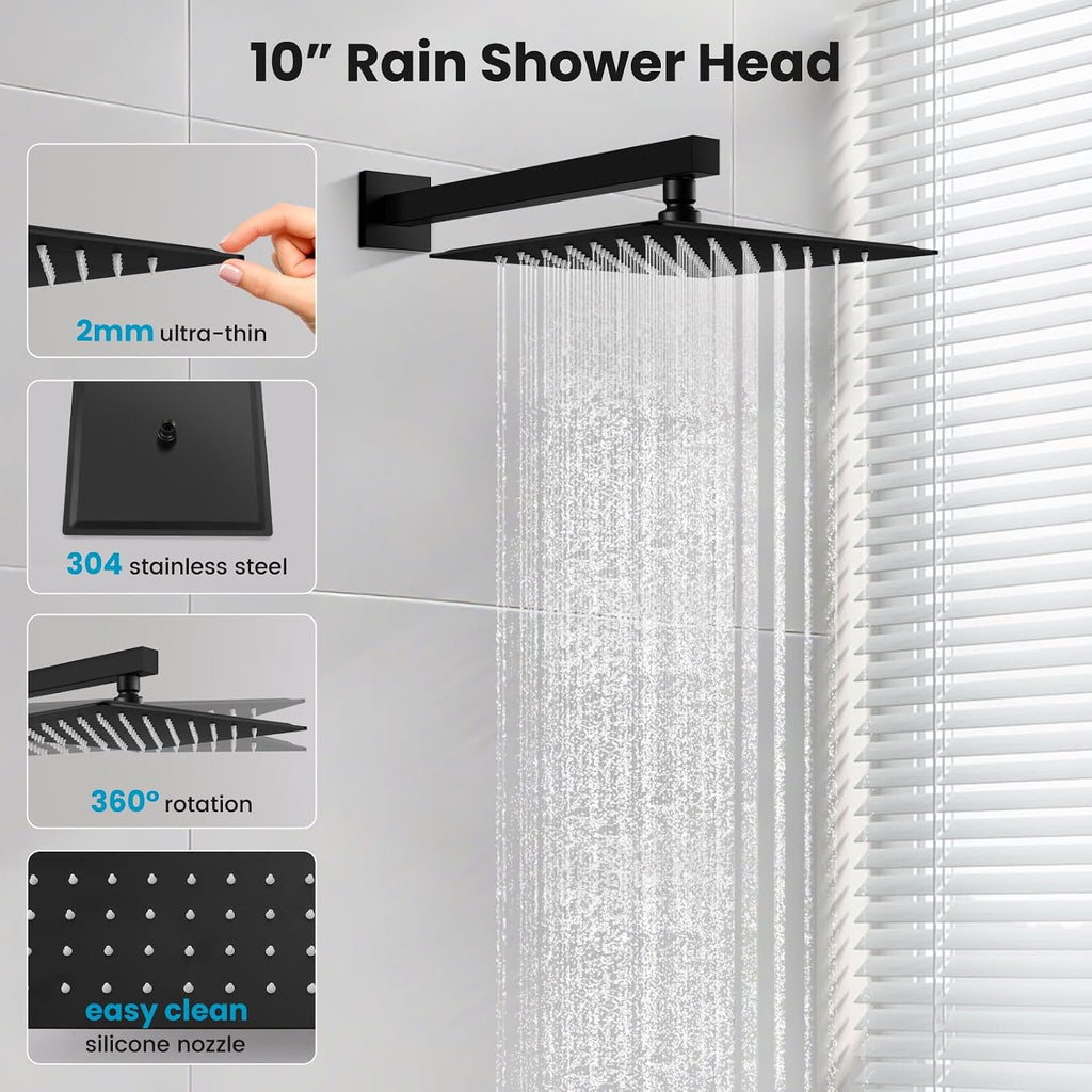 gotonovo 10'' Rain Shower Faucet System Rainfall Shower Head with Handheld Sprayer Waterfall Tub Spout Wall Mounted Mixer Combo Rough-in Valve and Trim Included 5.7 Inch Wide Spout Matte Black