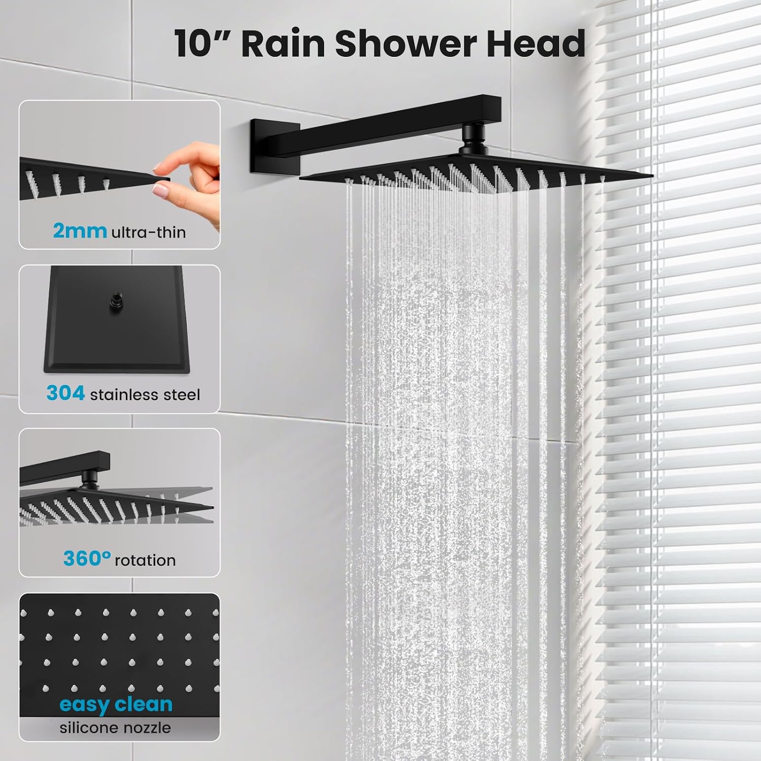 gotonovo 10'' Rain Shower Faucet System Rainfall Shower Head with Handheld Sprayer Waterfall Tub Spout Wall Mounted Mixer Combo Rough-in Valve and Trim Included 5.7 Inch Wide Spout Matte Black