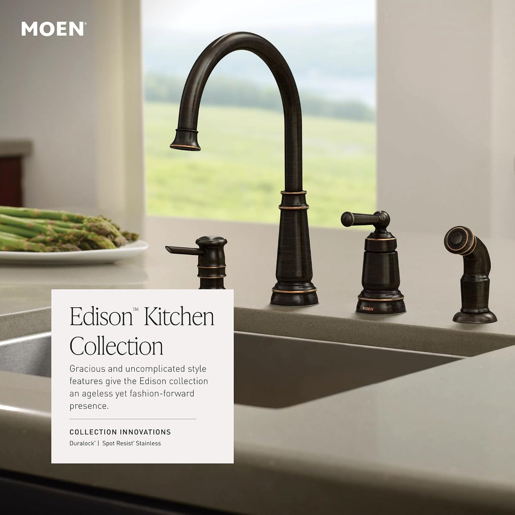 Moen 87042SRS Edison One-Handle High Arc Kitchen Faucet with Side Sprayer and Soap Dispenser, 4-Hole, Spot Resist Stainless