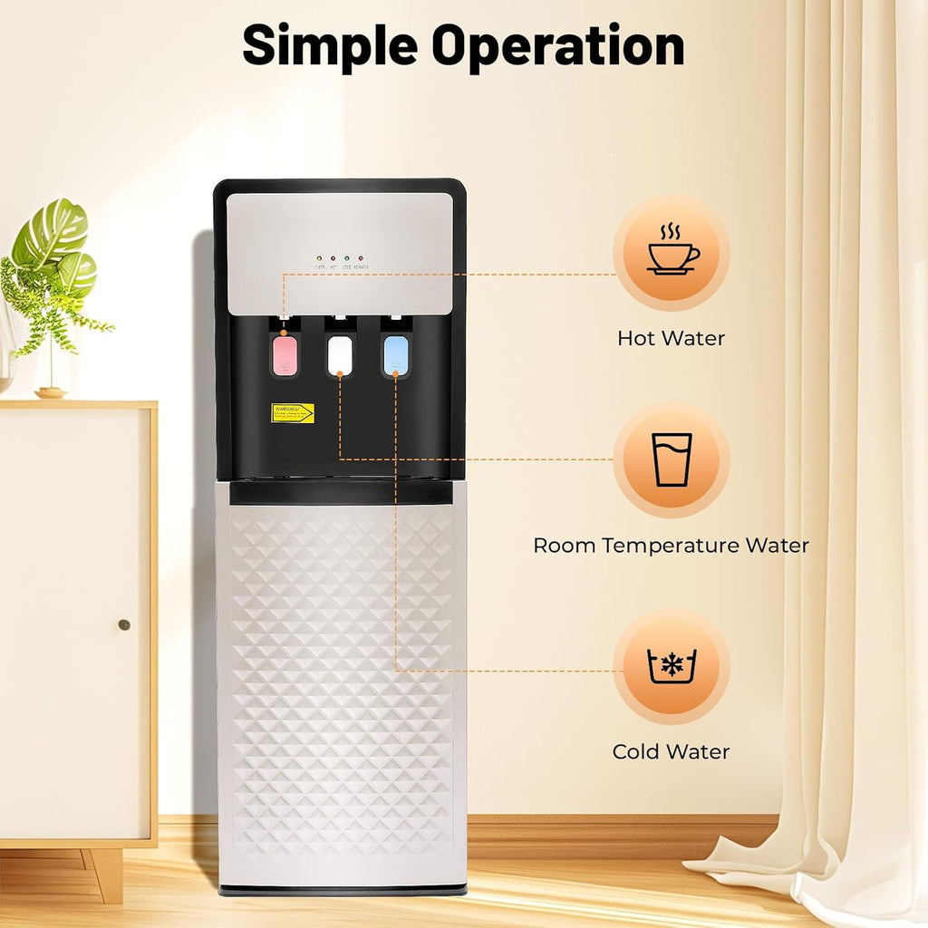 Bottom Loading Water Cooler Dispenser, Premium Standing Water Dispenser w/Heating and Cooling Functions, 4 Indicator Lights Hot and Cold Water Dispenser for Home, Office (Silvery,3 Outlet)