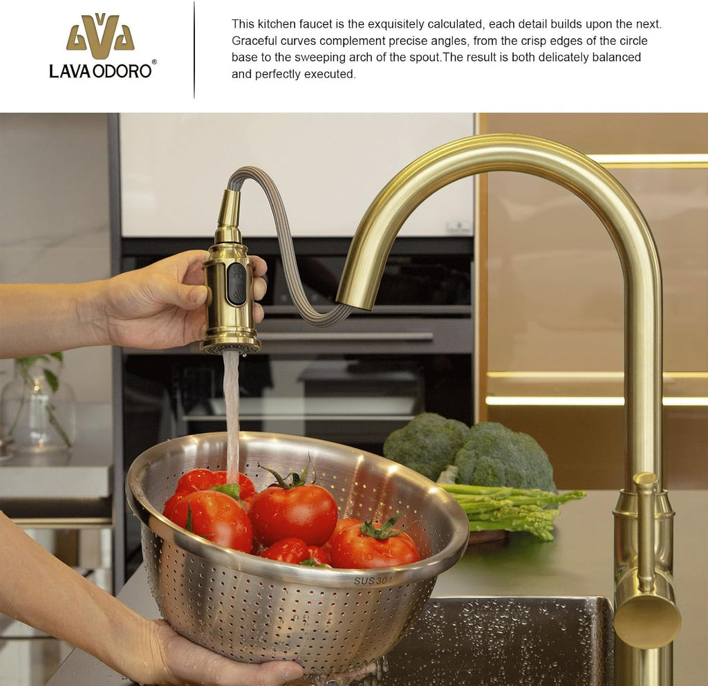 Lava Odoro Curtura Brushed Gold Kitchen Faucet with Pull Down Sprayer, Brass Kitchen Sink Faucet, Single Hole Kitchen Faucet with 3-Function Sprayer, Deck Plate Included, Spot-Free, 1.8GPM, KF421-SG