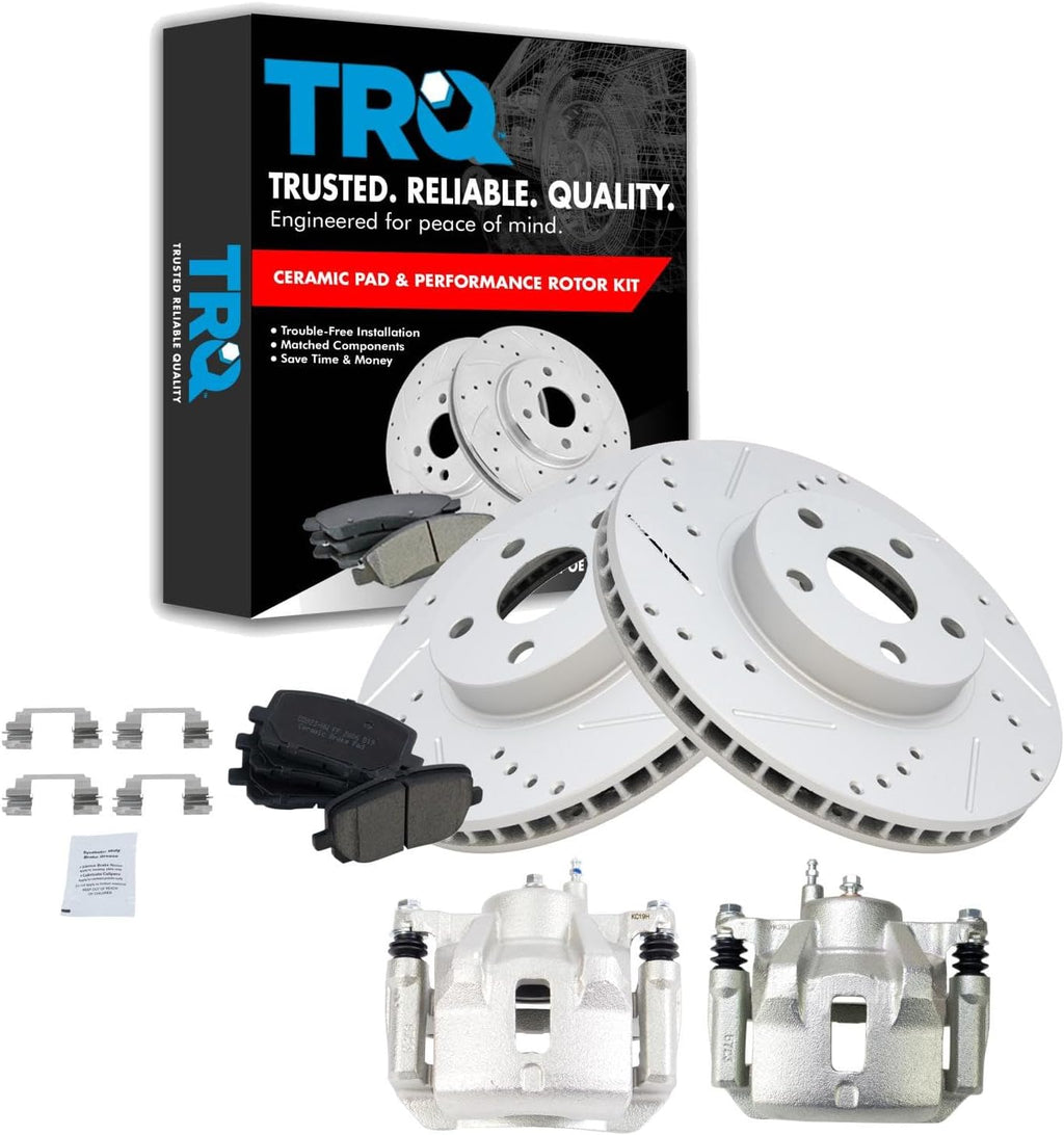 TRQ Performance Front Brake Pad and Rotor Set Ceramic Coated Drilled Slotted Vented Rotors Calipers Compatible with 2003-2008 Toyota Corolla Matrix Pontiac Vibe