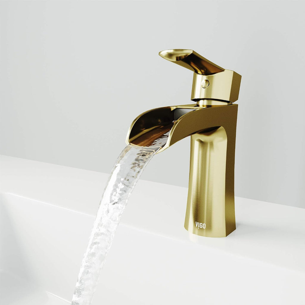VIGO Paloma Waterfall Single-Handle Single-Hole Mount Bathroom Sink Faucet, 7-Inch, Matte Brushed Gold, Modern Design, Solid Brass, 1.2 GPM WaterSense & Ceramic Disc Valve - VG01041MG