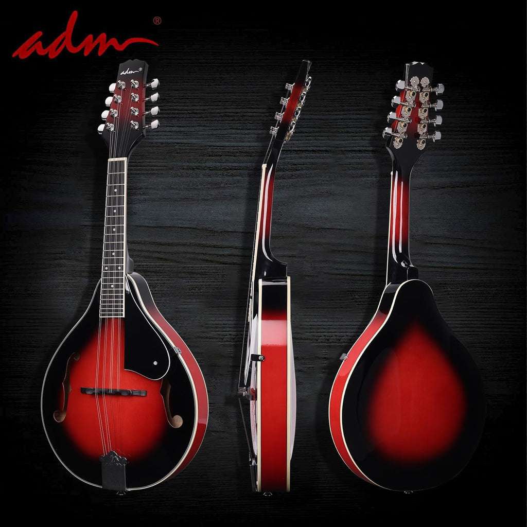 ADM Acoustic Mandolin Instrument Kit Music A Style for Kids Students Adults Wood Mandolins Beginner Set With Bag, Tuner, Pick-up, Strap, Strings, Picks and Hanger, Red