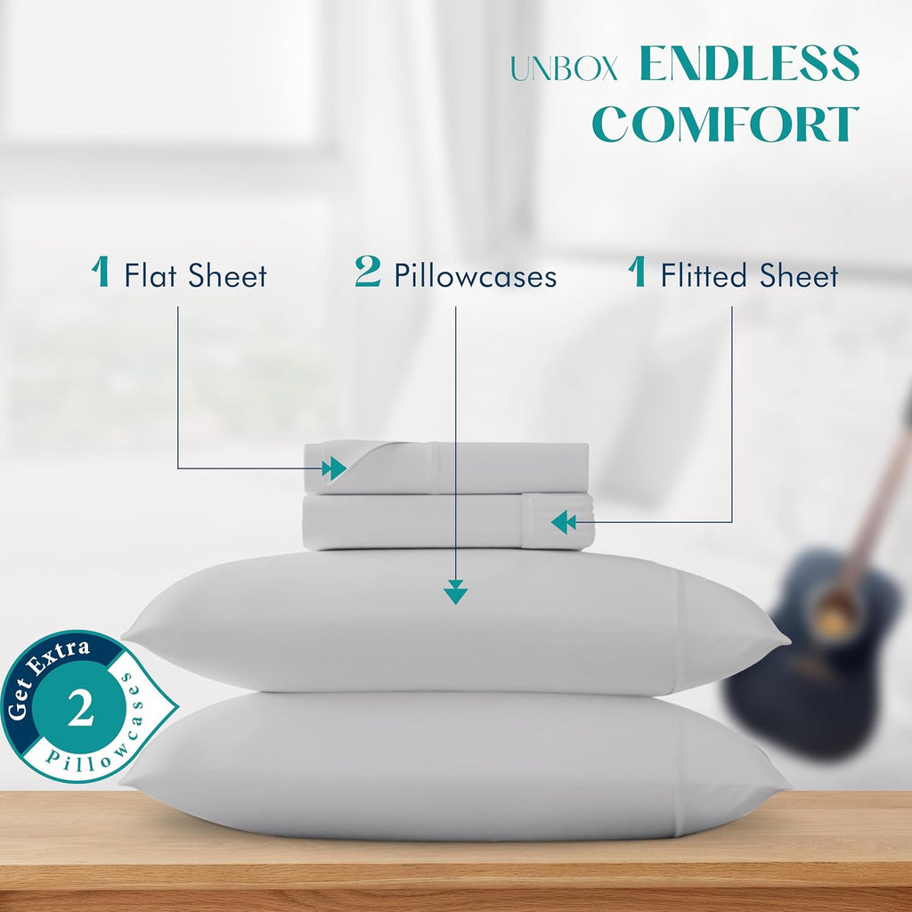 XOOX Linen 100% Egyptian Cotton King Size Sheets Set - Luxury 1200 Thread Count Egyptian Cotton Sheets King Size, 17' Deep Pocket, Soft, Cooling Sateen Weave Hotel Quality Bedding Set - Light Grey