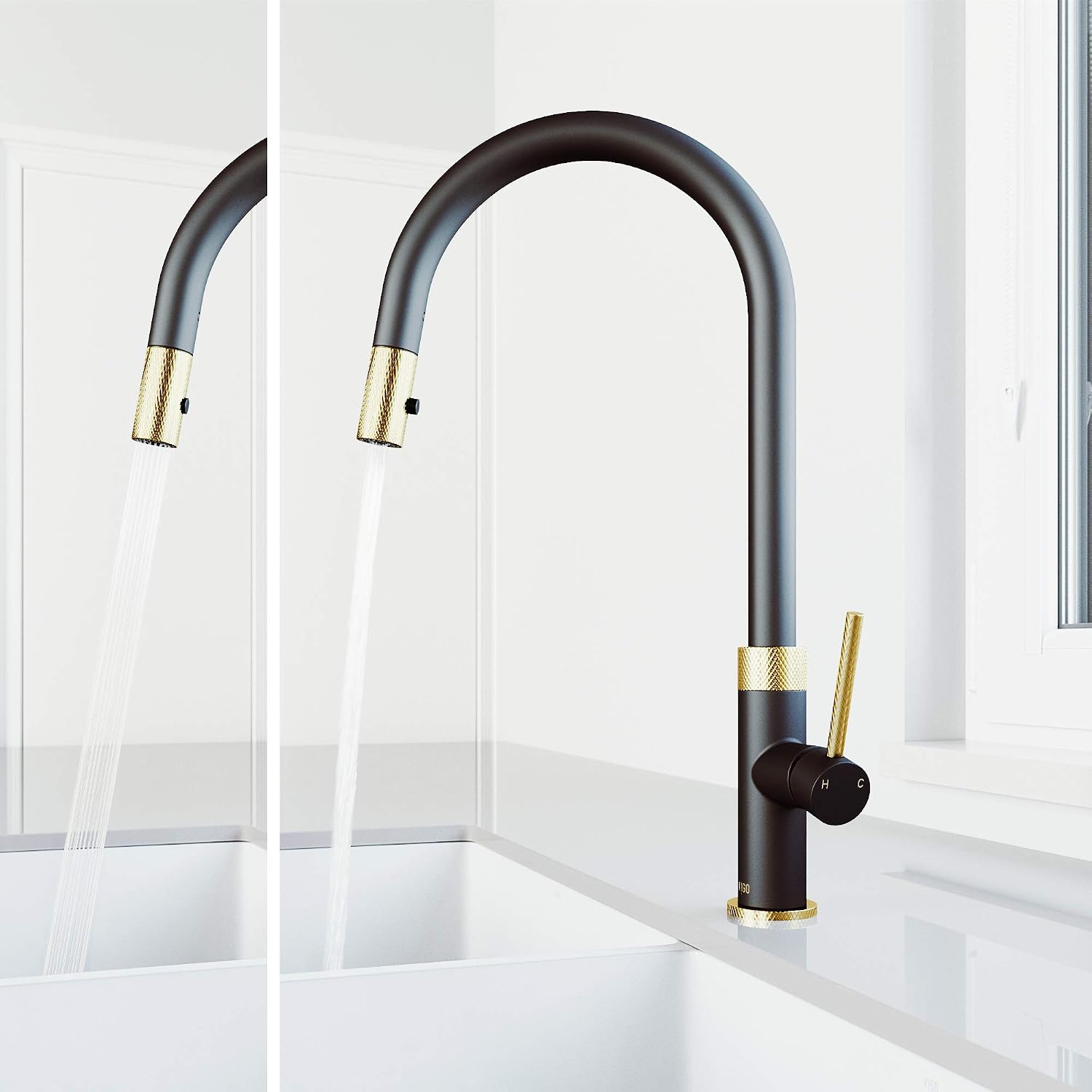 VIGO Bristol 19'' H Single Handle Pull-Down Sprayer Kitchen Faucet in Matte Brushed Gold and Matte Black-VG02033MGMB
