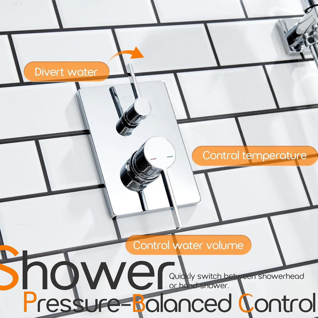 Shower System Set Includes 10-Inch Rainfall Shower Head, 3-Setting Handheld Spray and Pressure Balance Valve, Polished Chrome Wall Mounted SF001CH-D10