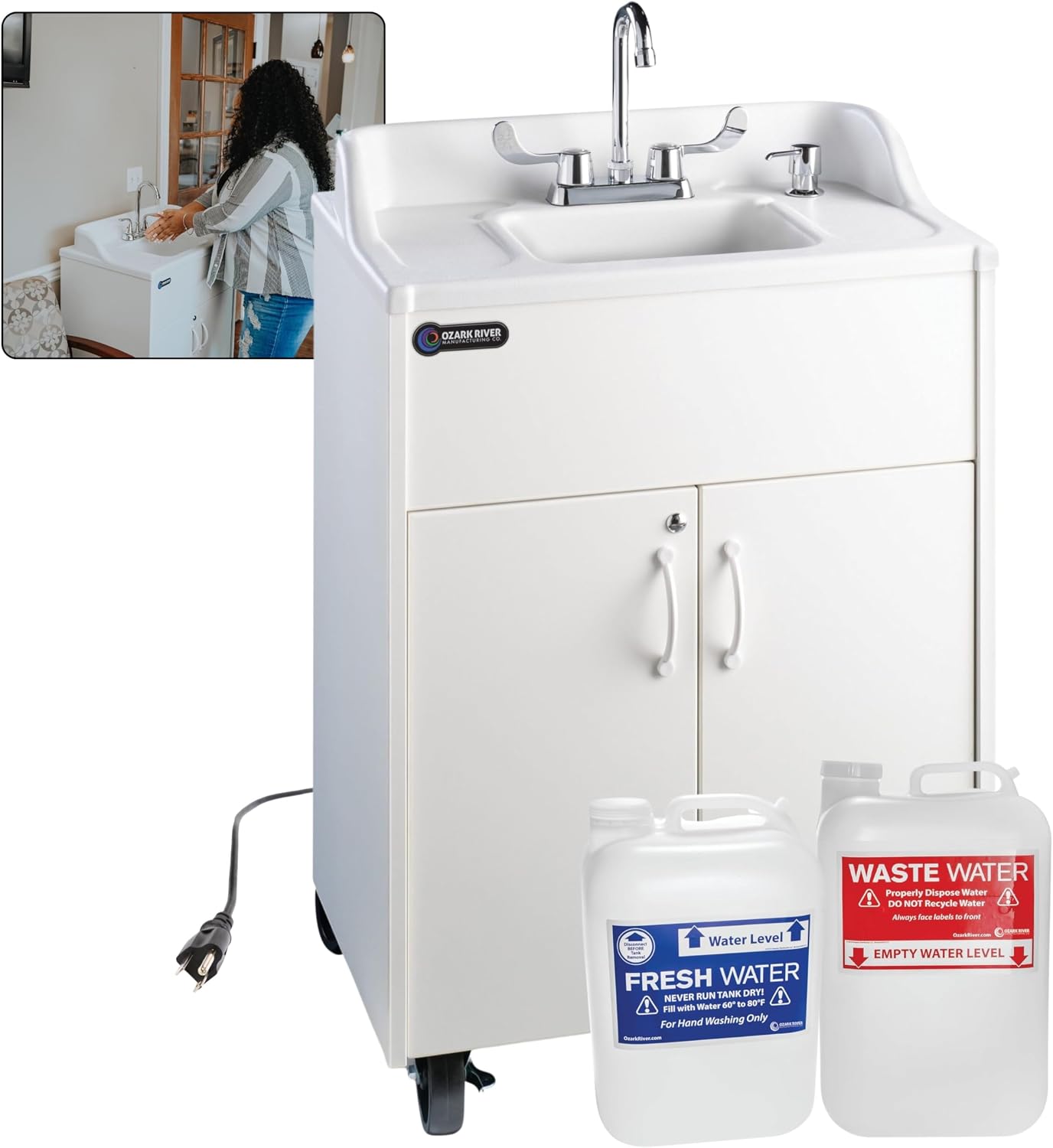 Ozark River Portable Sinks Premier Brite White & Extra Water Tanks Bundle, White Laminate-ABS, Portable Sink with Hot Water, Self-Contained Sink, Portable Hand Washing Station, 110V