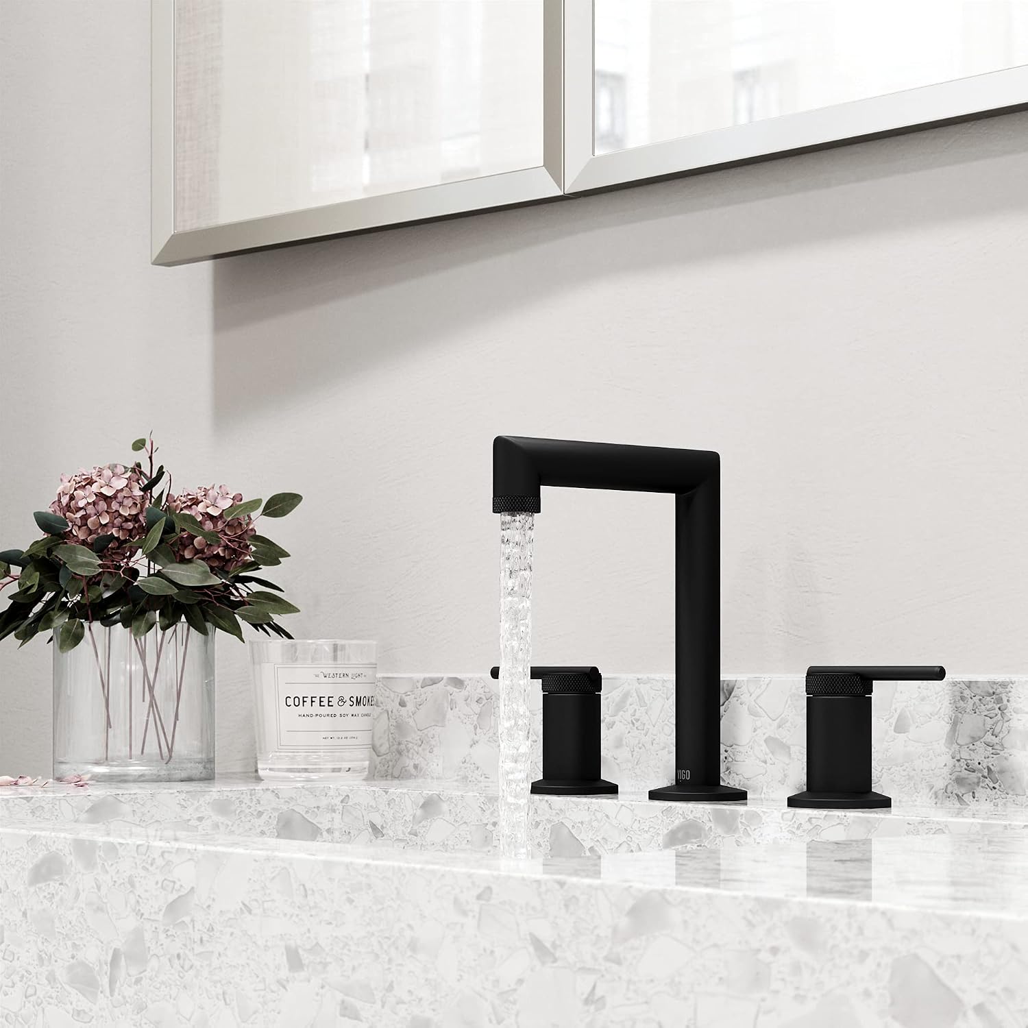 VIGO Sterling Two-Handle Three-Hole Mount Widespread Bathroom Sink Faucet, 7-Inch, Matte Black, Modern Design, Solid Brass, 1.2 GPM WaterSense & Ceramic Disc Valve, Corrosion-Resistant