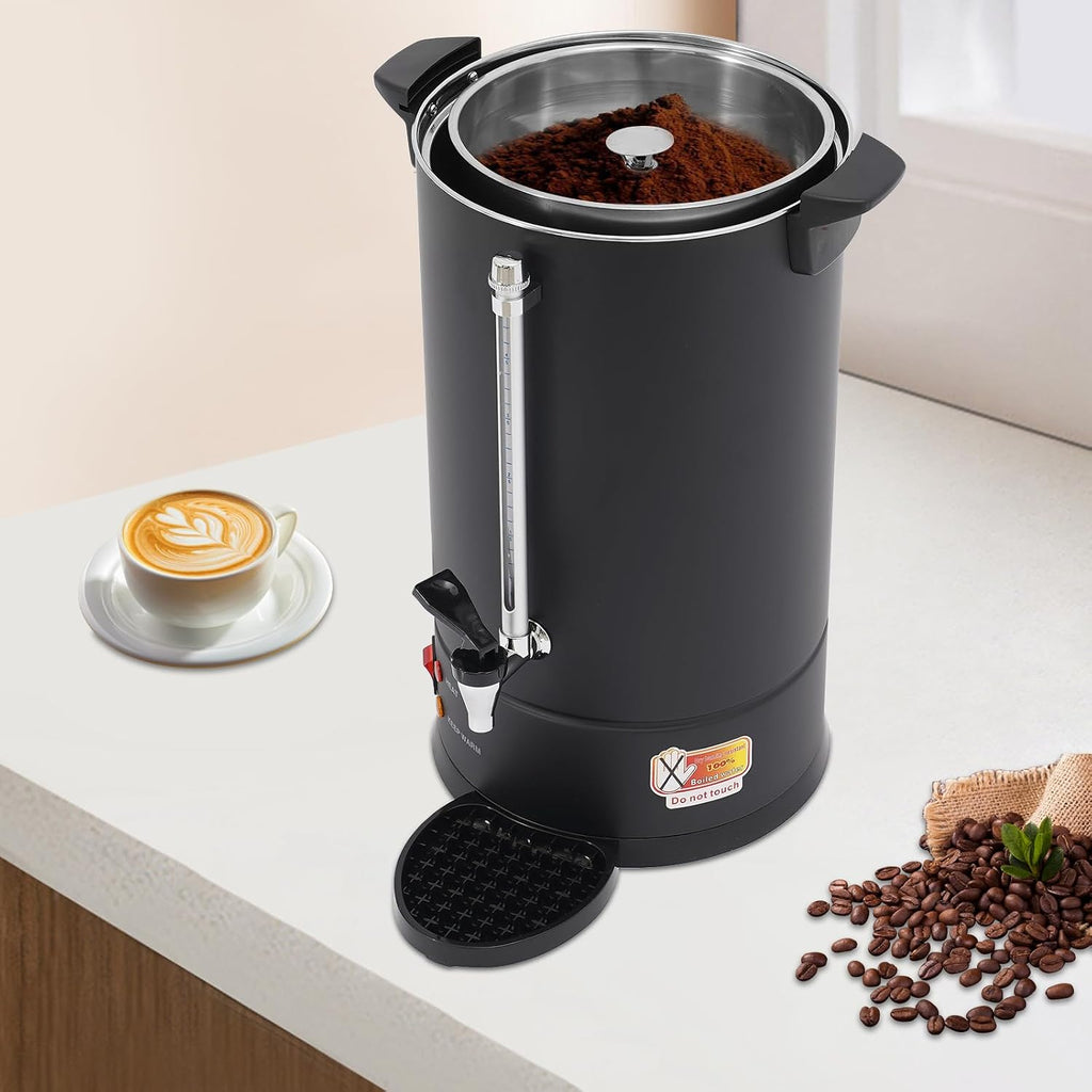 Commercial Coffee Urn, 15L/4Gal Stainless Steel Coffee Maker Brewer Hot Beverage Dispenser with Faucet & Bottom Tray, 1500W Hot Water Urn for Home Party Office Wedding, Black